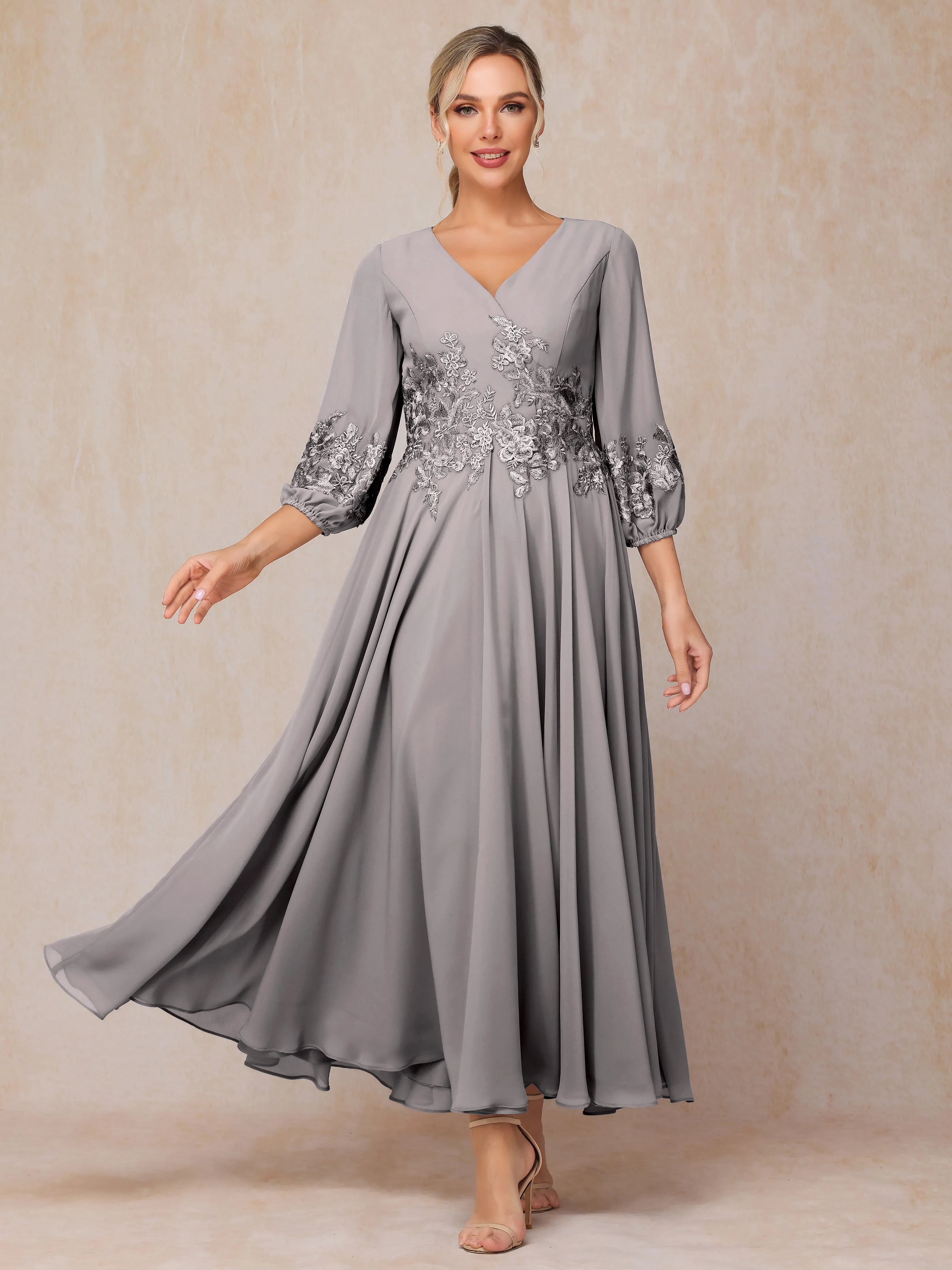 A-Line V Neck Lace Chiffon Mother of the Bride Dress