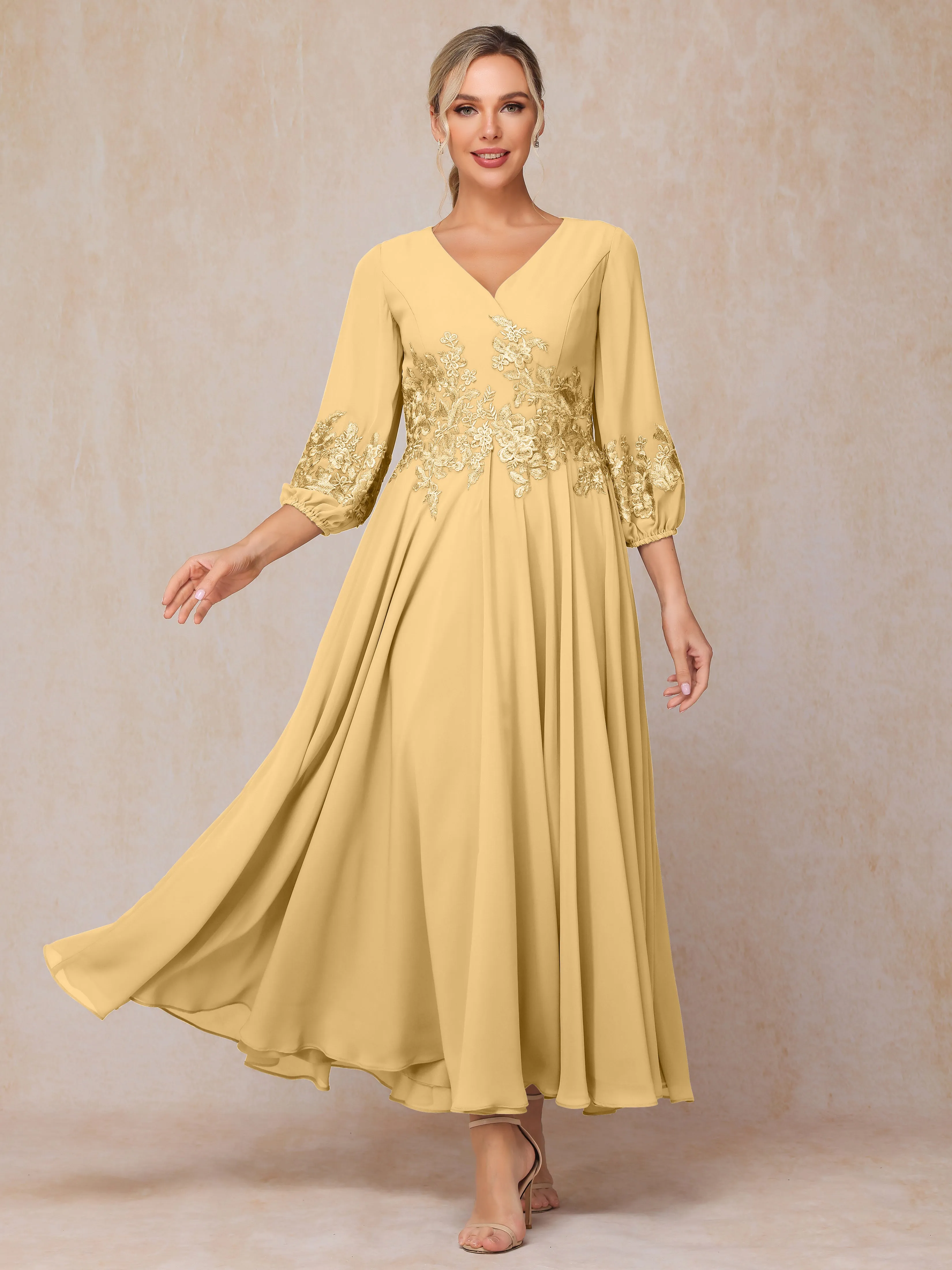 A-Line V Neck Lace Chiffon Mother of the Bride Dress