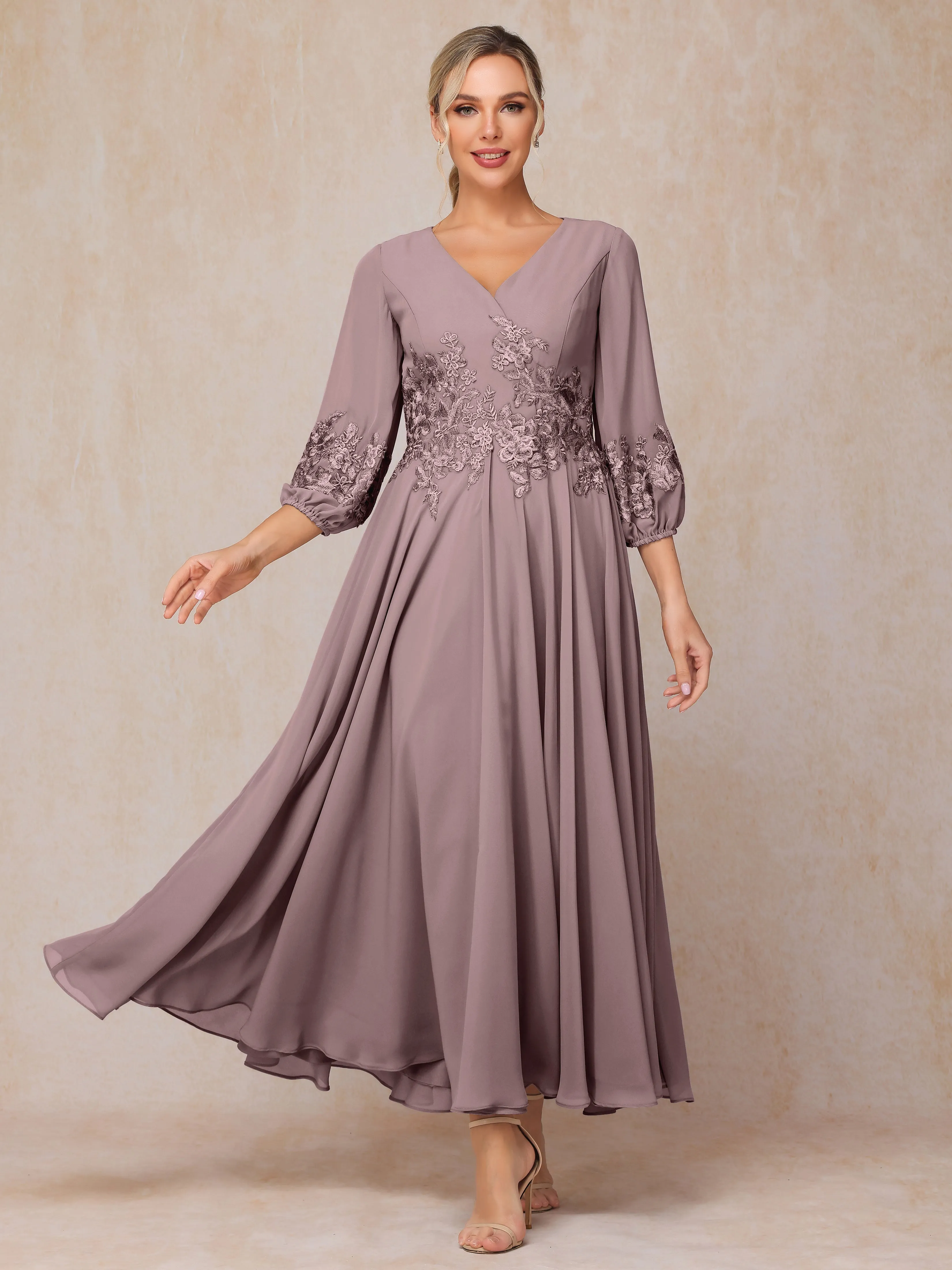 A-Line V Neck Lace Chiffon Mother of the Bride Dress