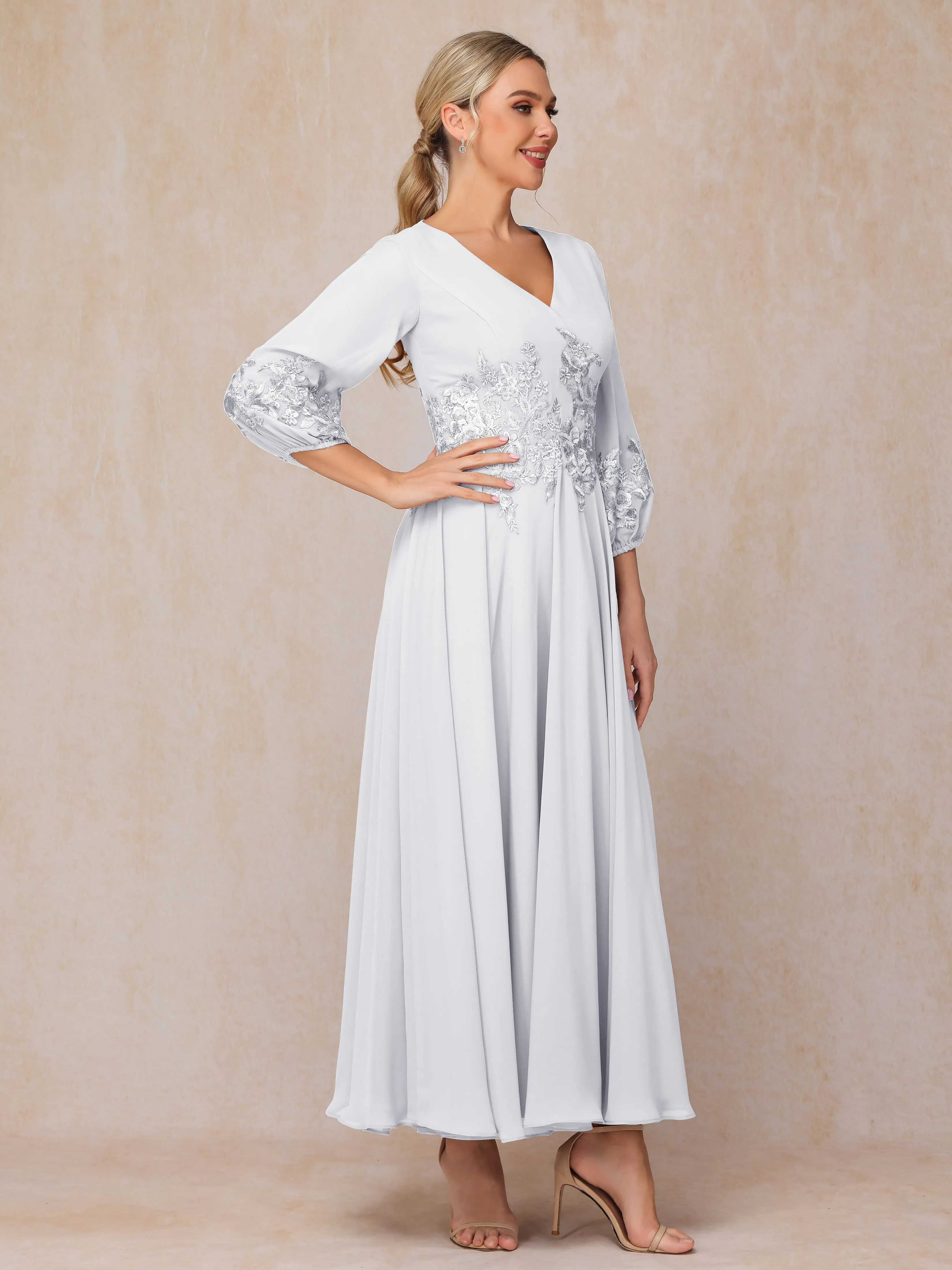 A-Line V Neck Lace Chiffon Mother of the Bride Dress