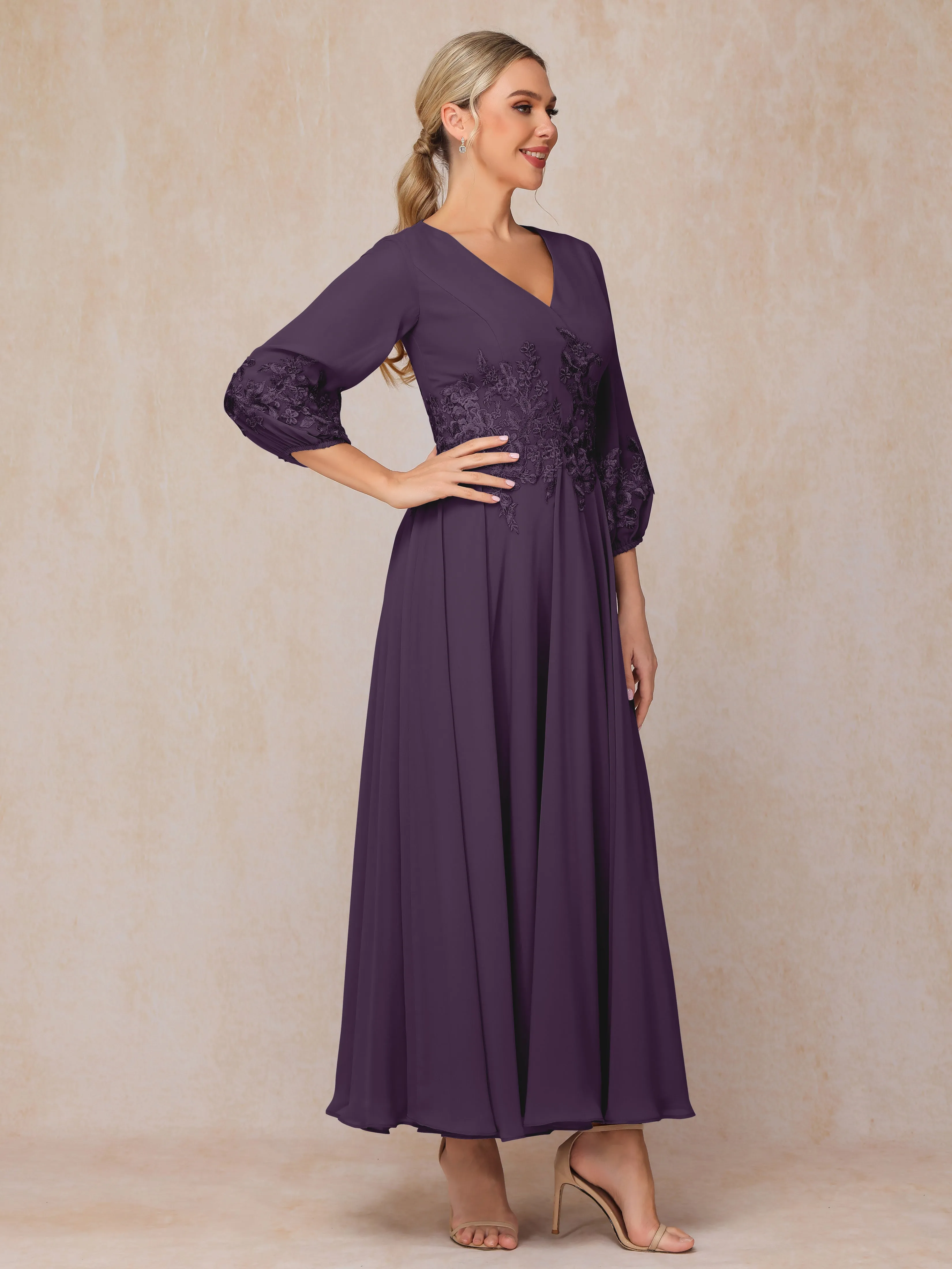 A-Line V Neck Lace Chiffon Mother of the Bride Dress