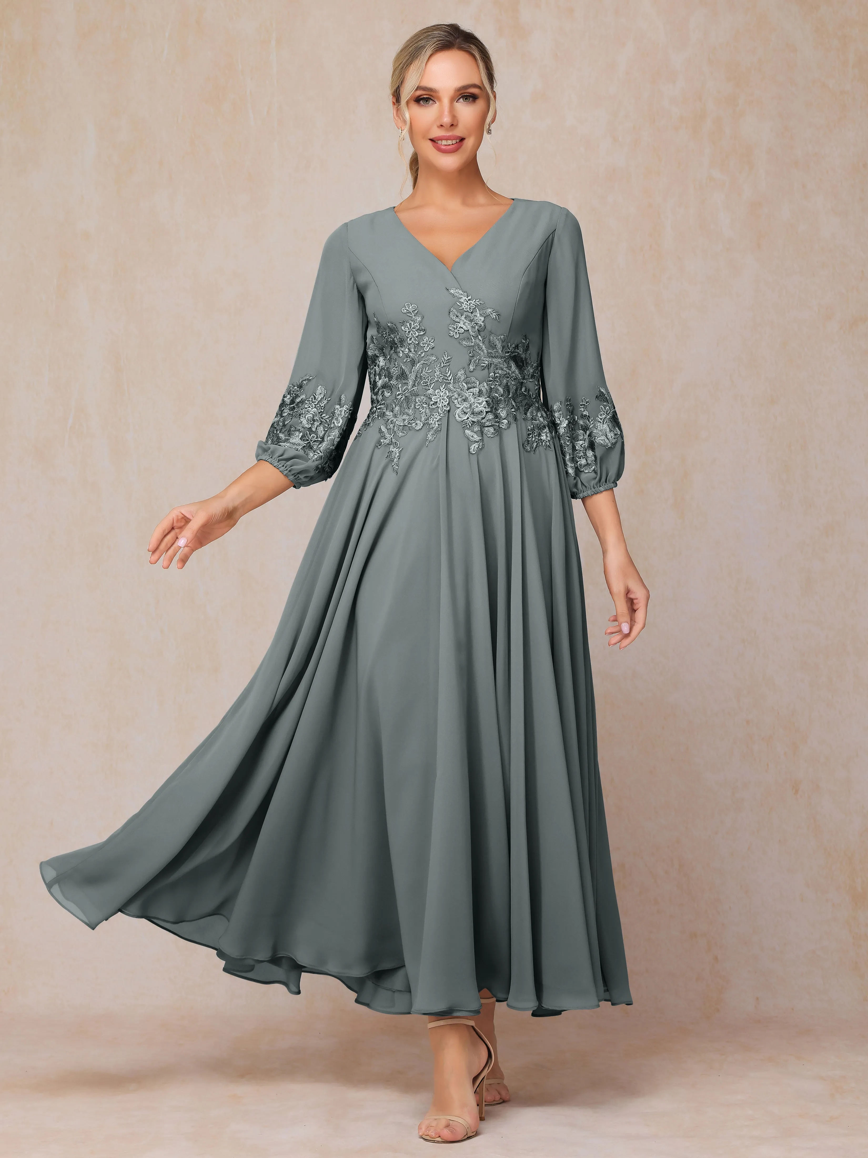 A-Line V Neck Lace Chiffon Mother of the Bride Dress