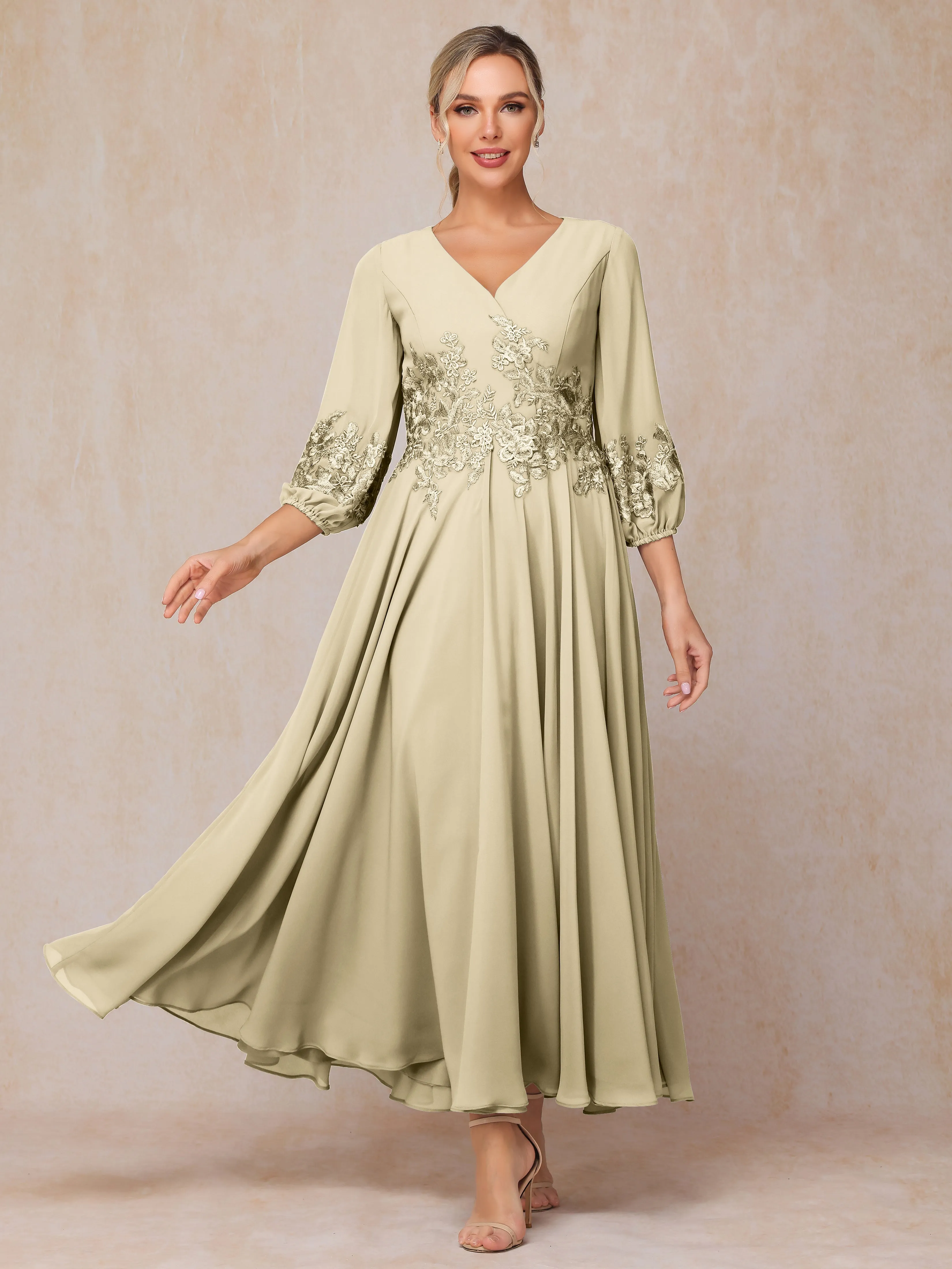 A-Line V Neck Lace Chiffon Mother of the Bride Dress