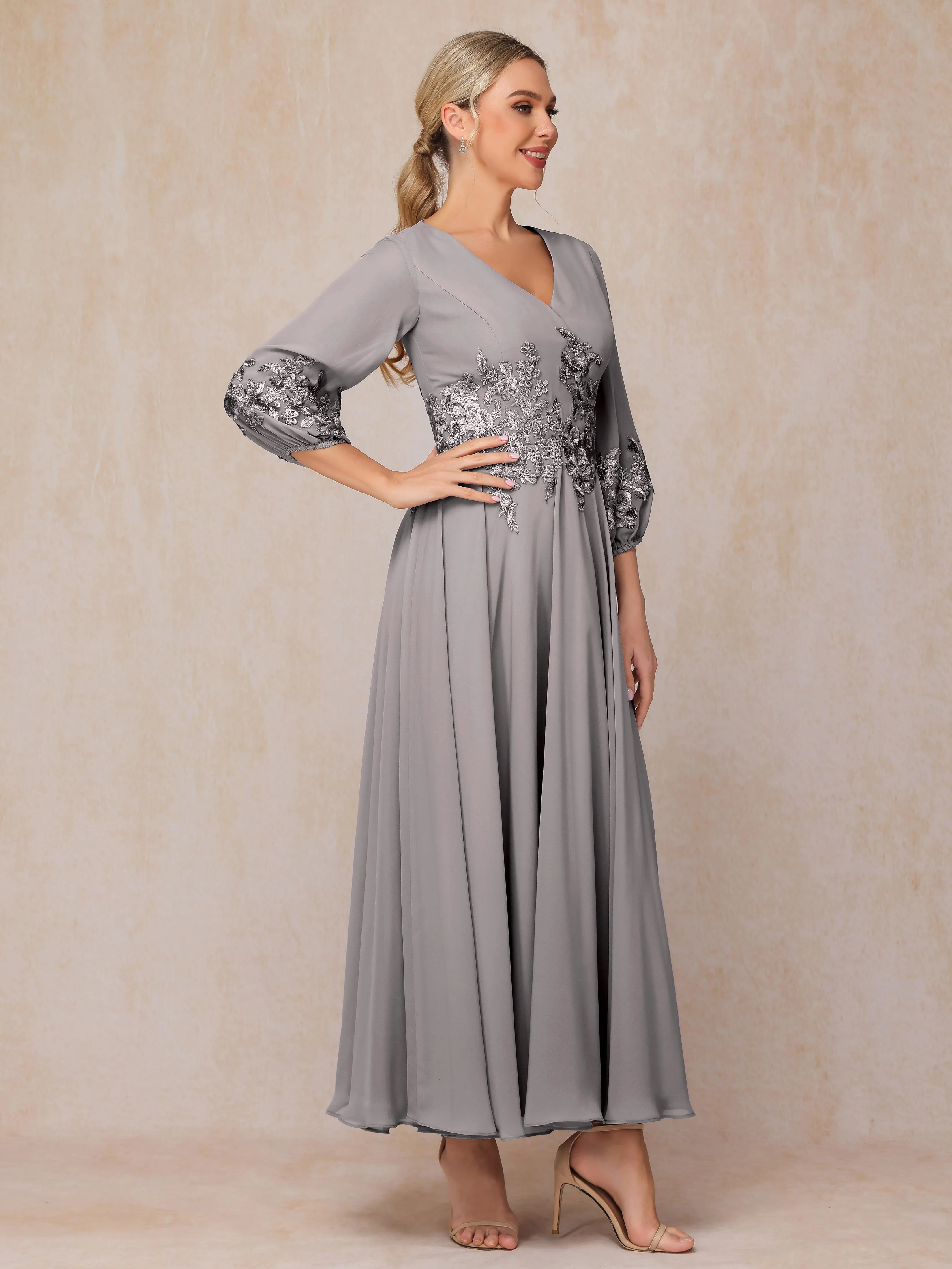 A-Line V Neck Lace Chiffon Mother of the Bride Dress