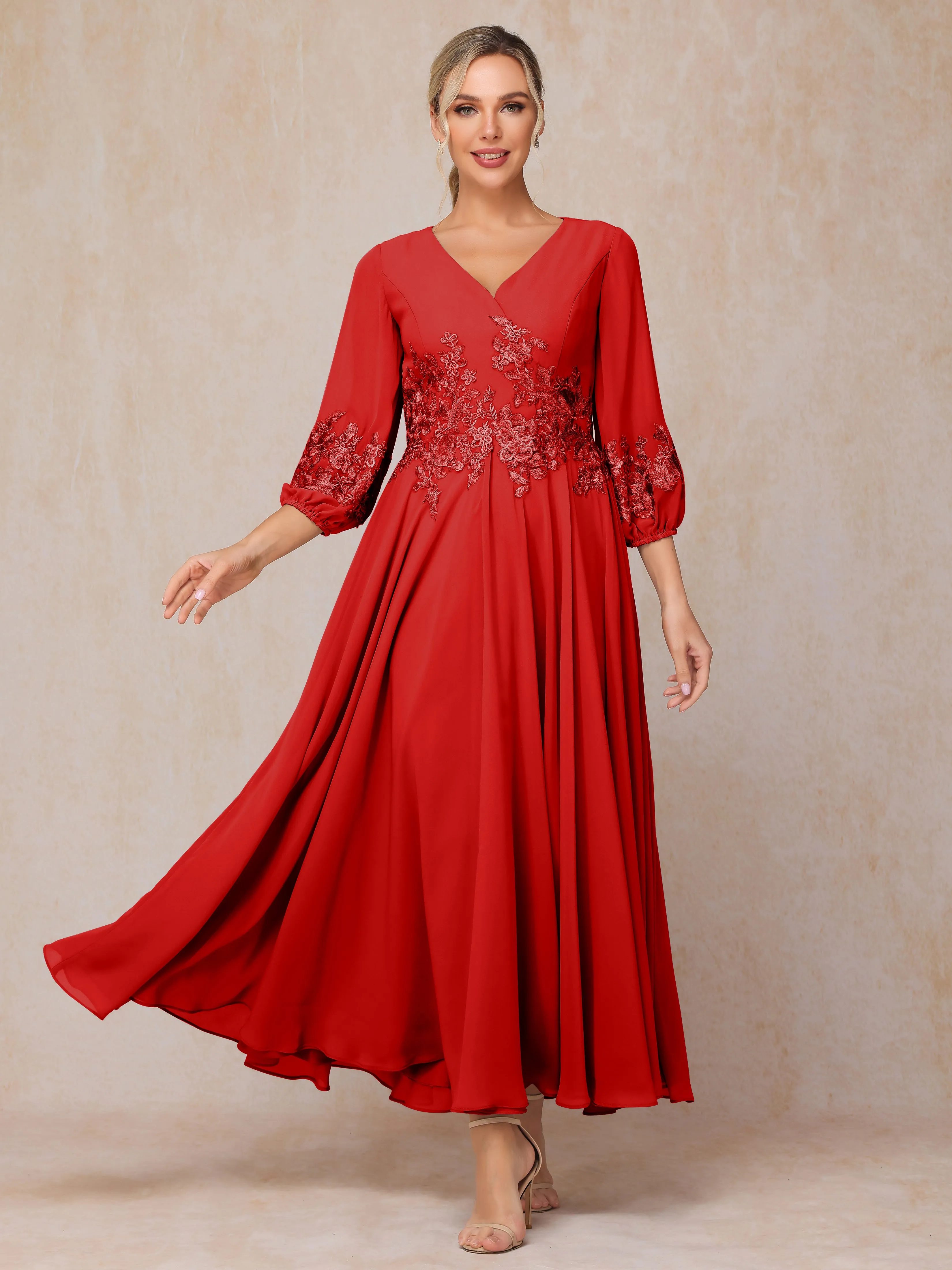 A-Line V Neck Lace Chiffon Mother of the Bride Dress