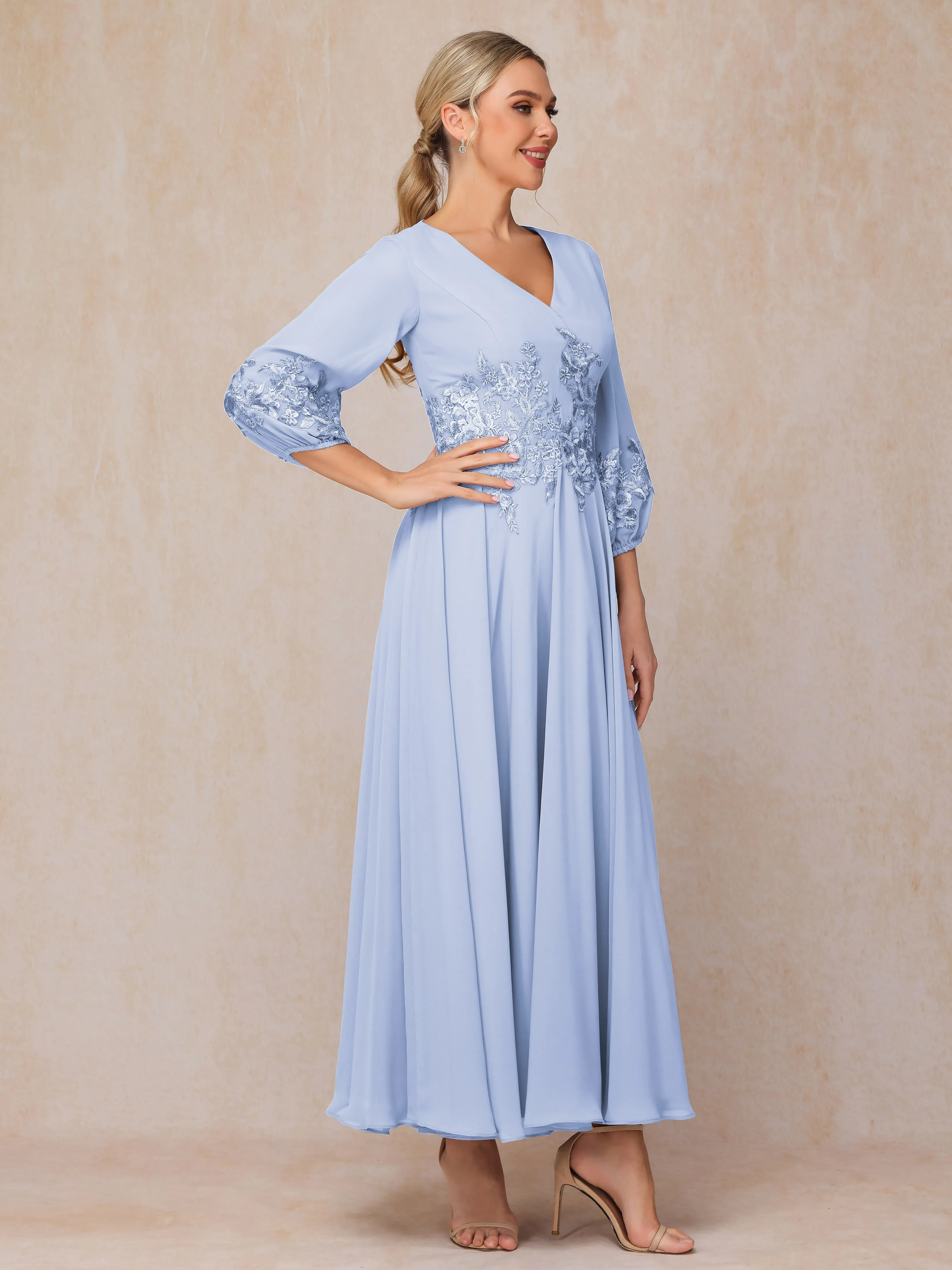 A-Line V Neck Lace Chiffon Mother of the Bride Dress