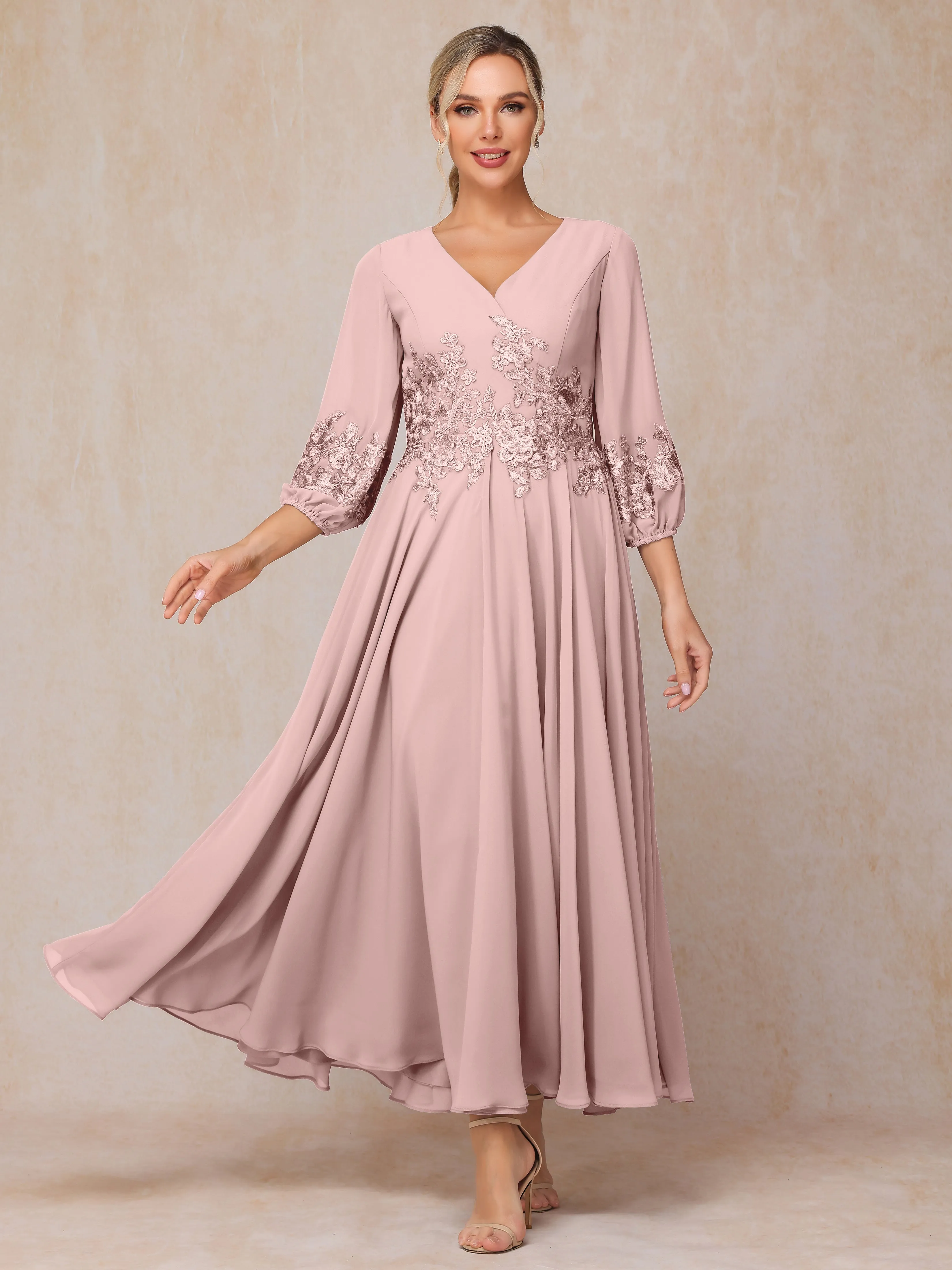 A-Line V Neck Lace Chiffon Mother of the Bride Dress