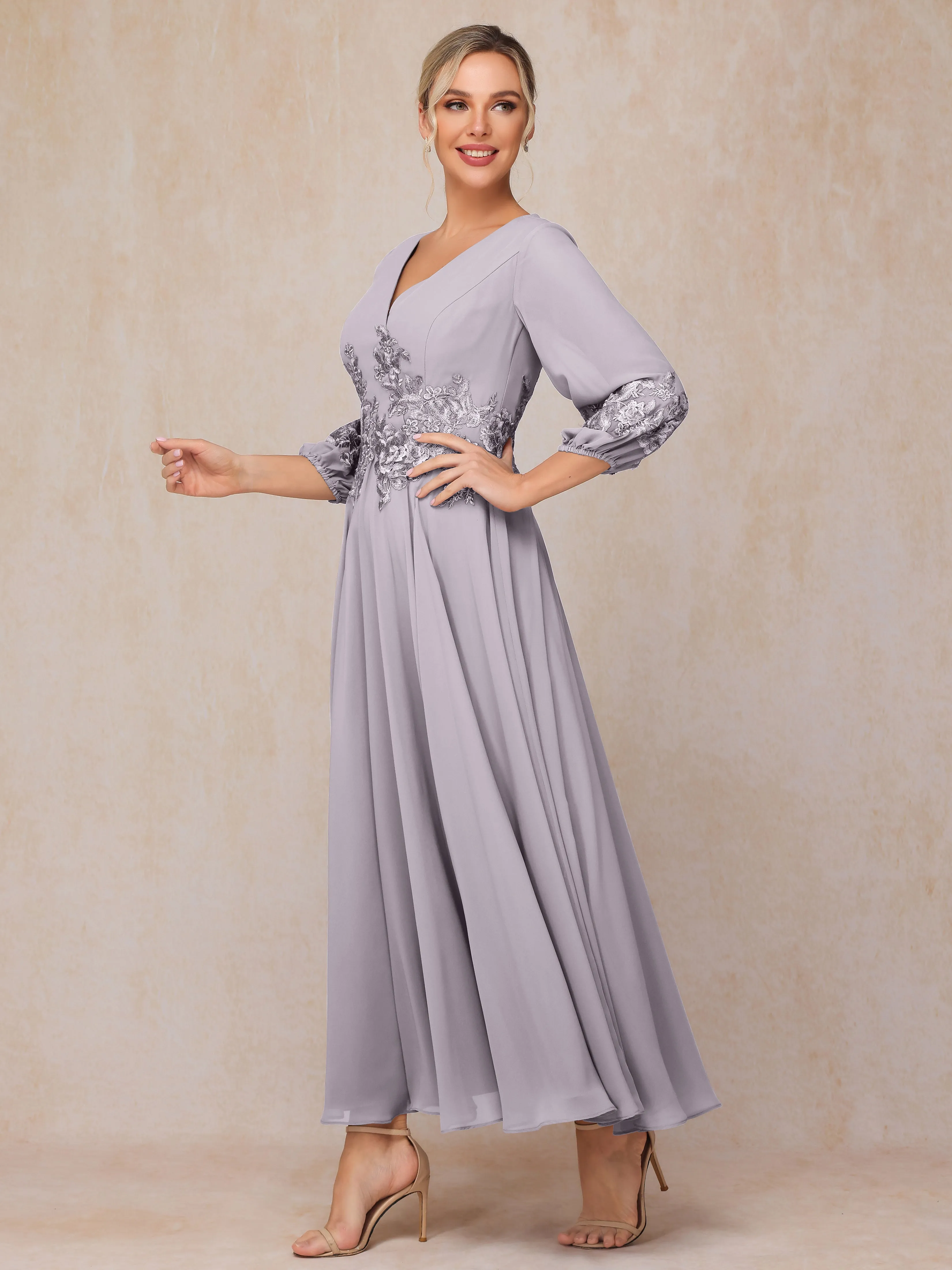 A-Line V Neck Lace Chiffon Mother of the Bride Dress