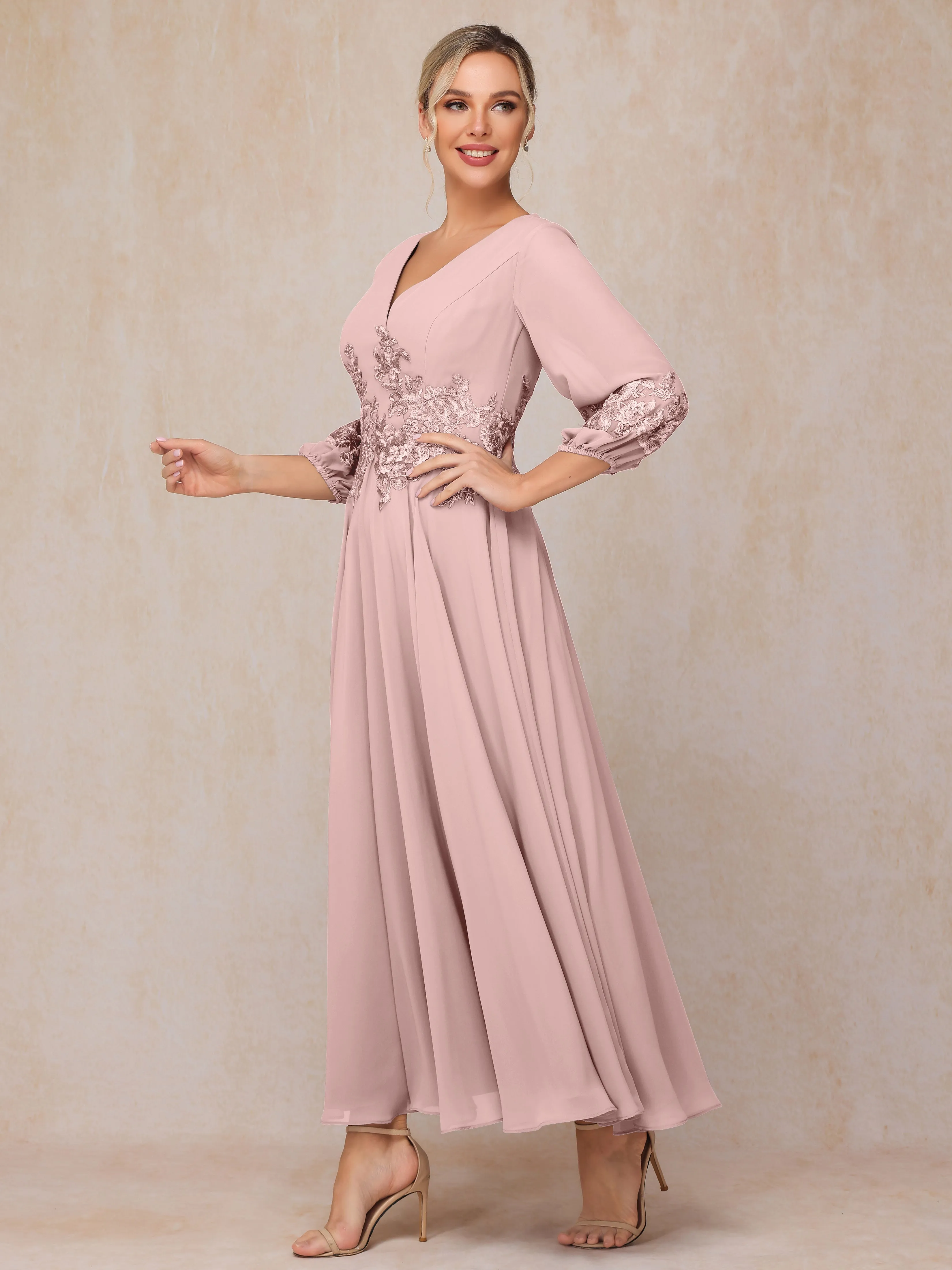 A-Line V Neck Lace Chiffon Mother of the Bride Dress