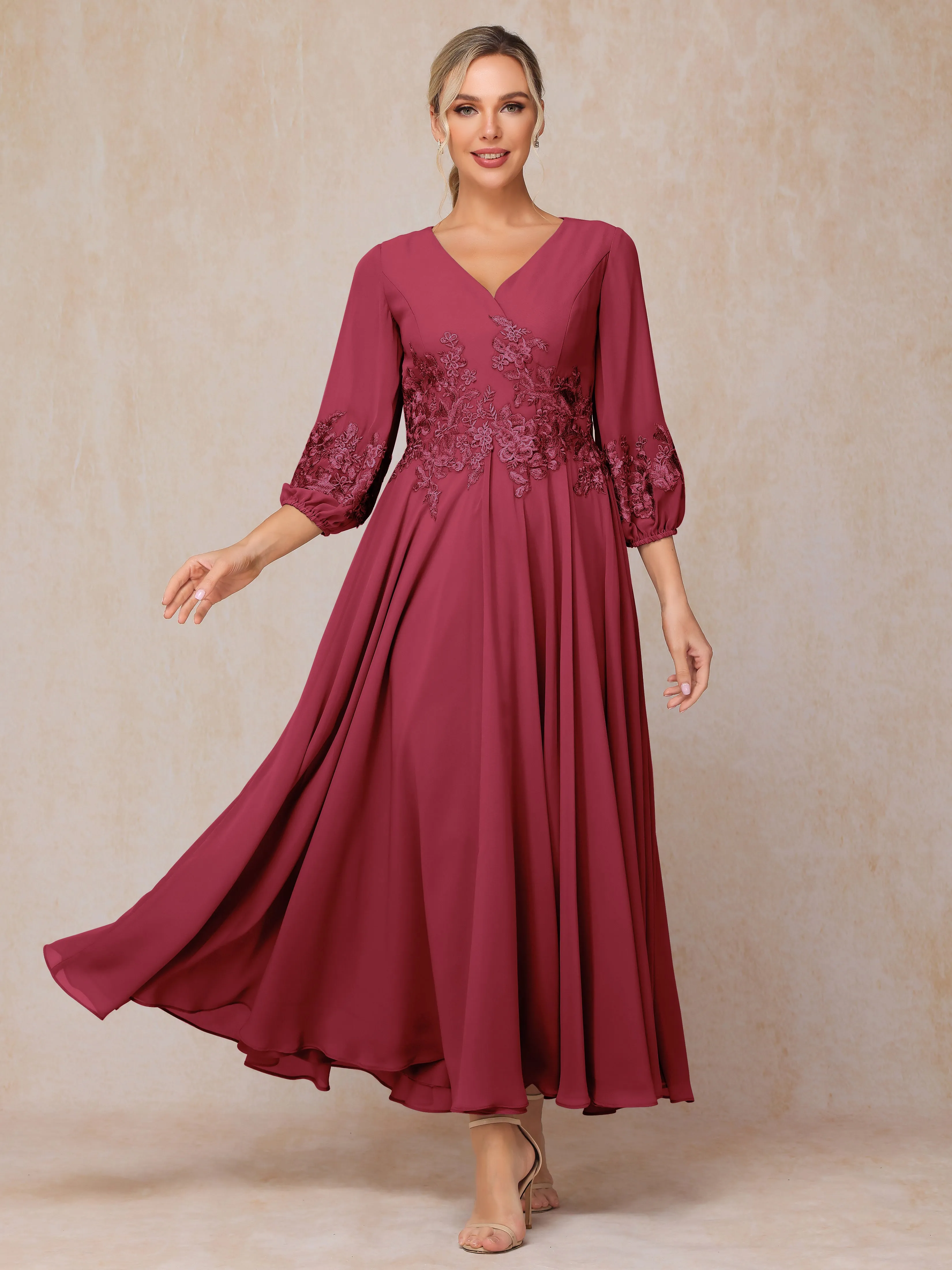 A-Line V Neck Lace Chiffon Mother of the Bride Dress