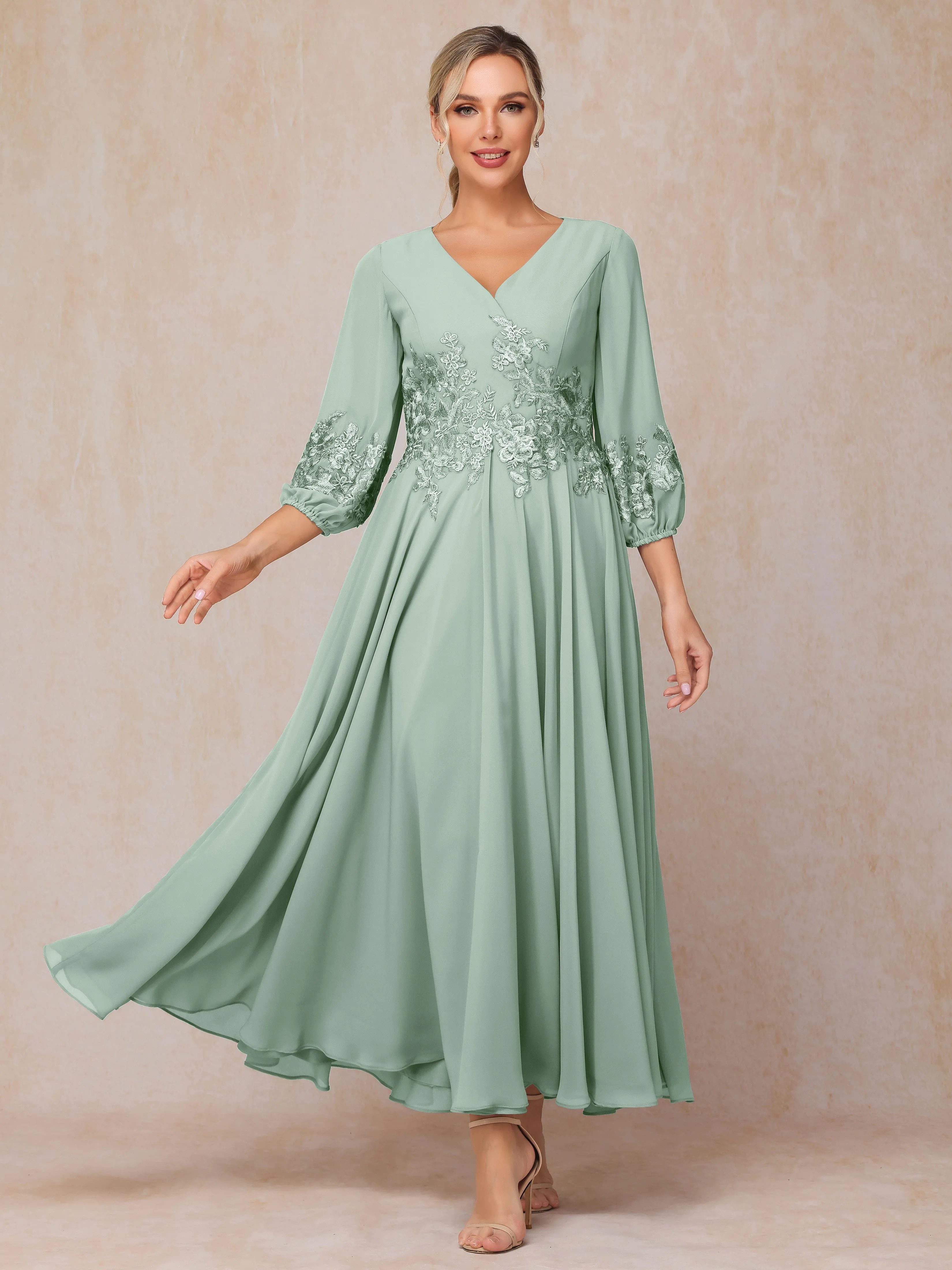 A-Line V Neck Lace Chiffon Mother of the Bride Dress