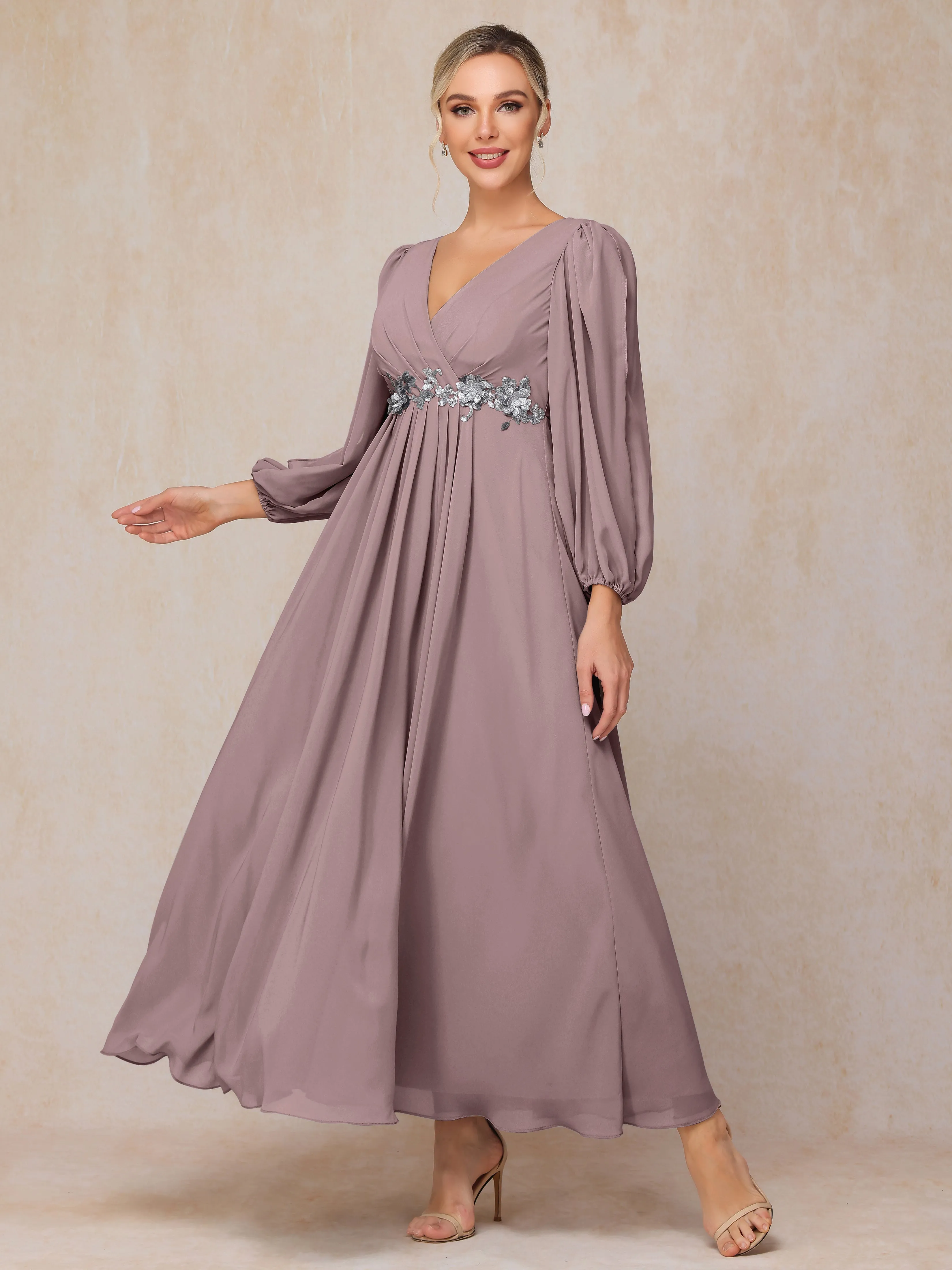 A-Line V-Neck Long Chiffon Mother of the Bride Dresses