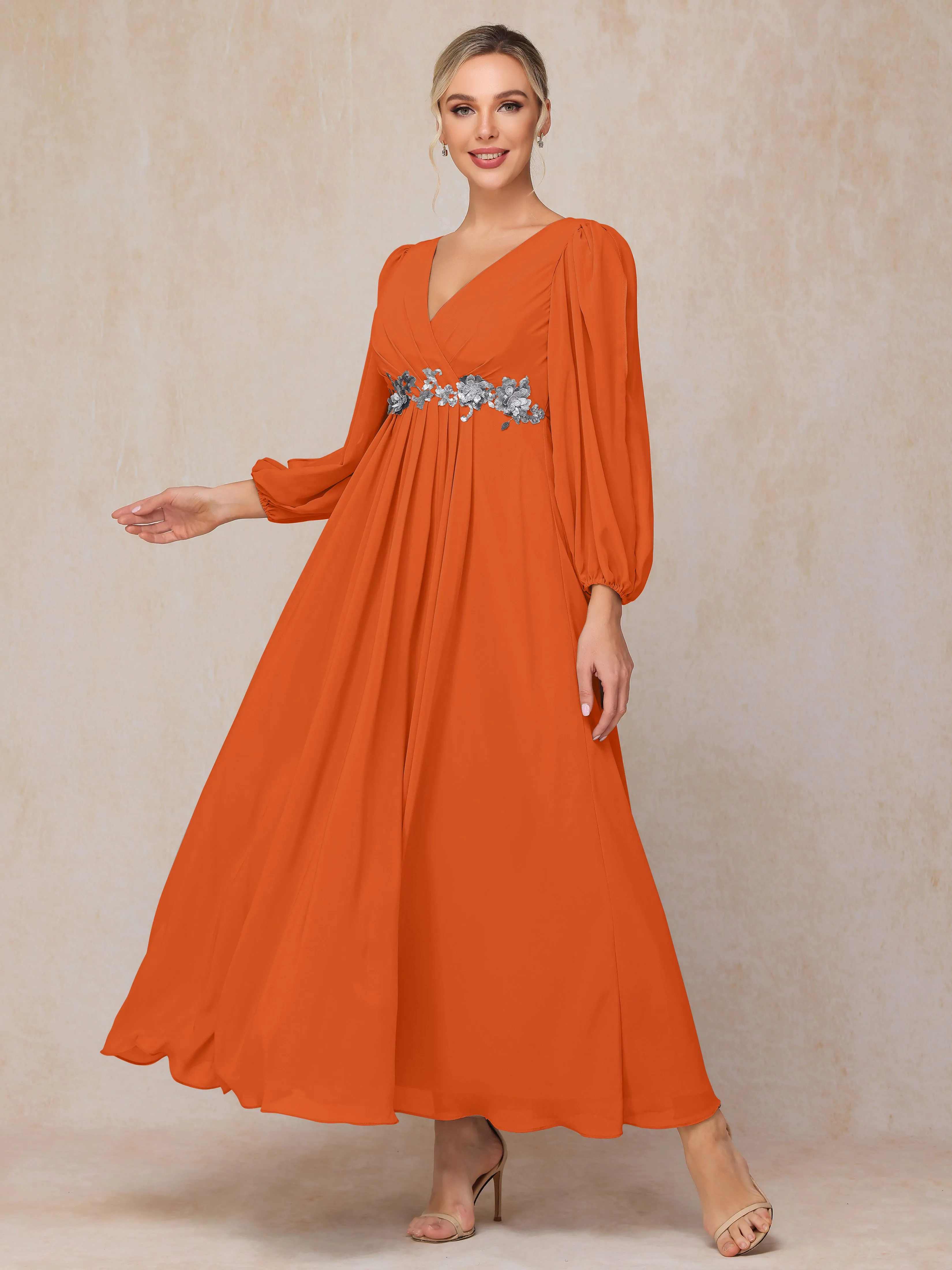 A-Line V-Neck Long Chiffon Mother of the Bride Dresses