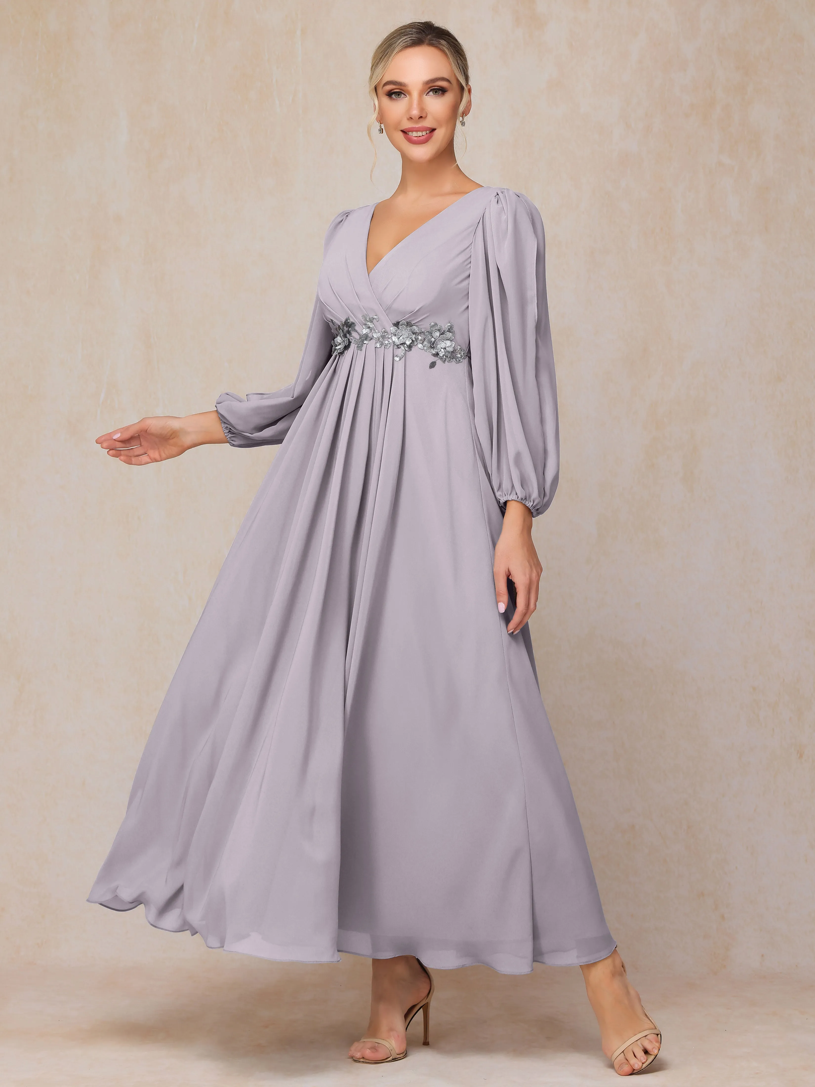 A-Line V-Neck Long Chiffon Mother of the Bride Dresses