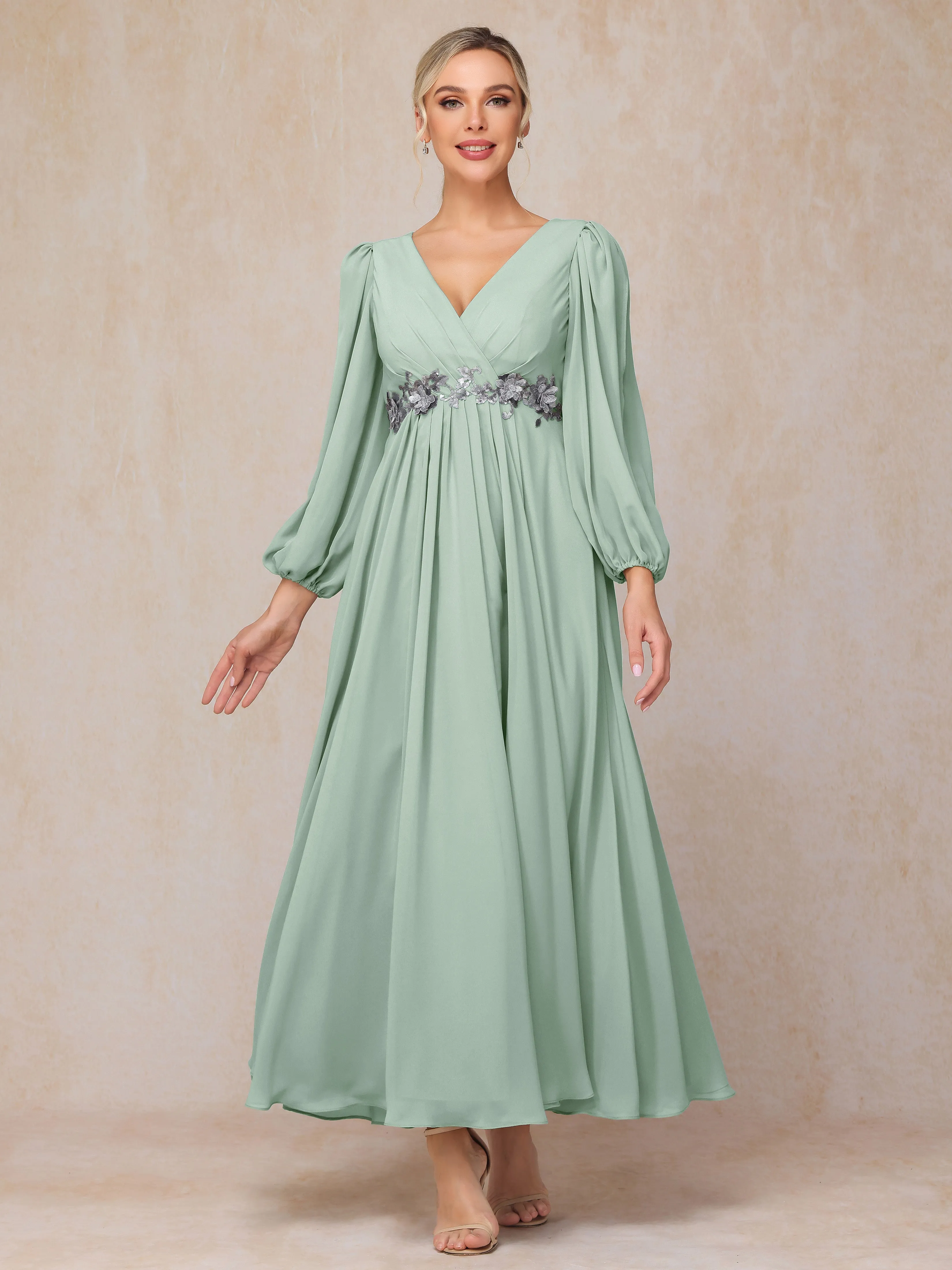 A-Line V-Neck Long Chiffon Mother of the Bride Dresses