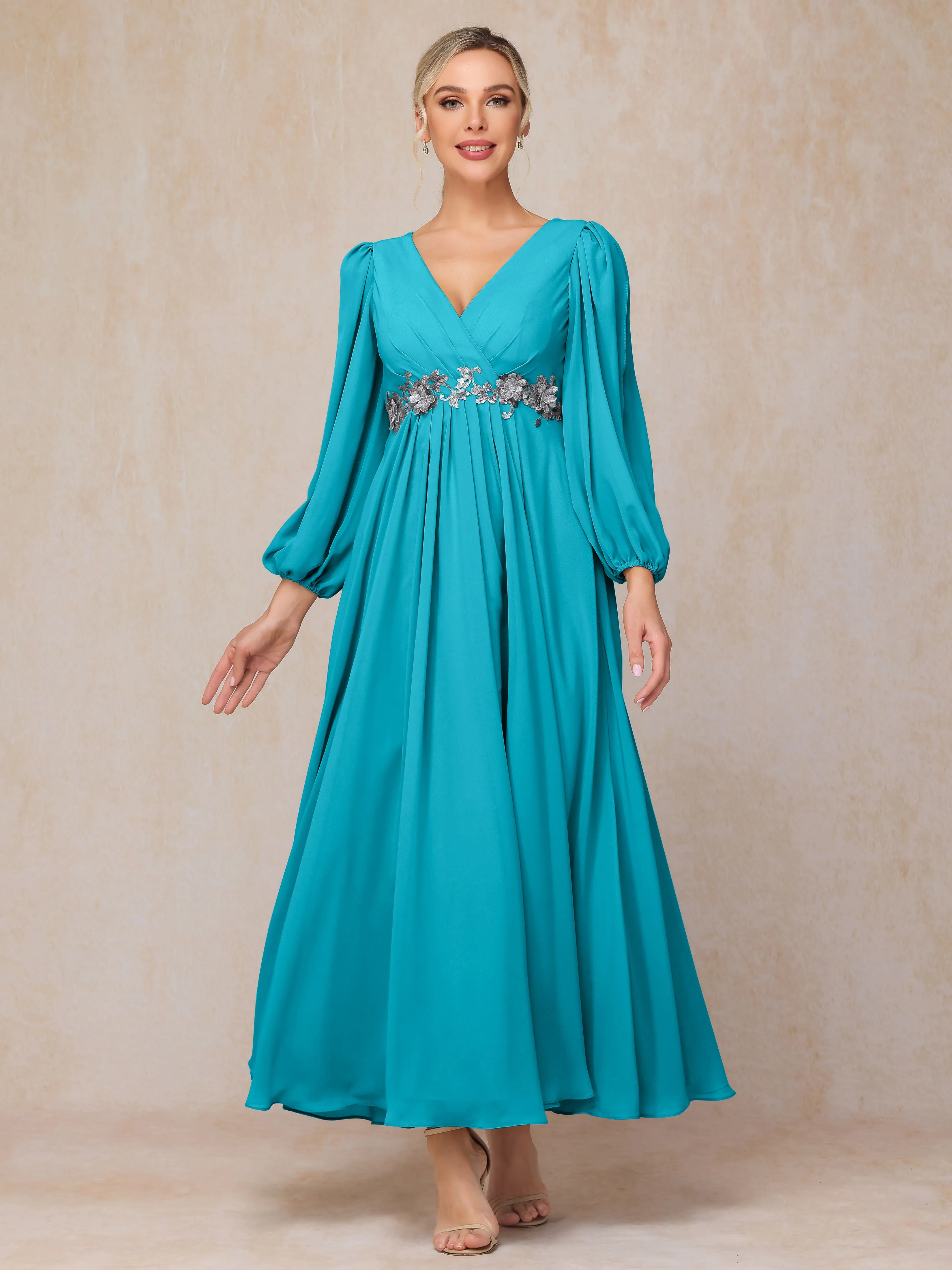 A-Line V-Neck Long Chiffon Mother of the Bride Dresses