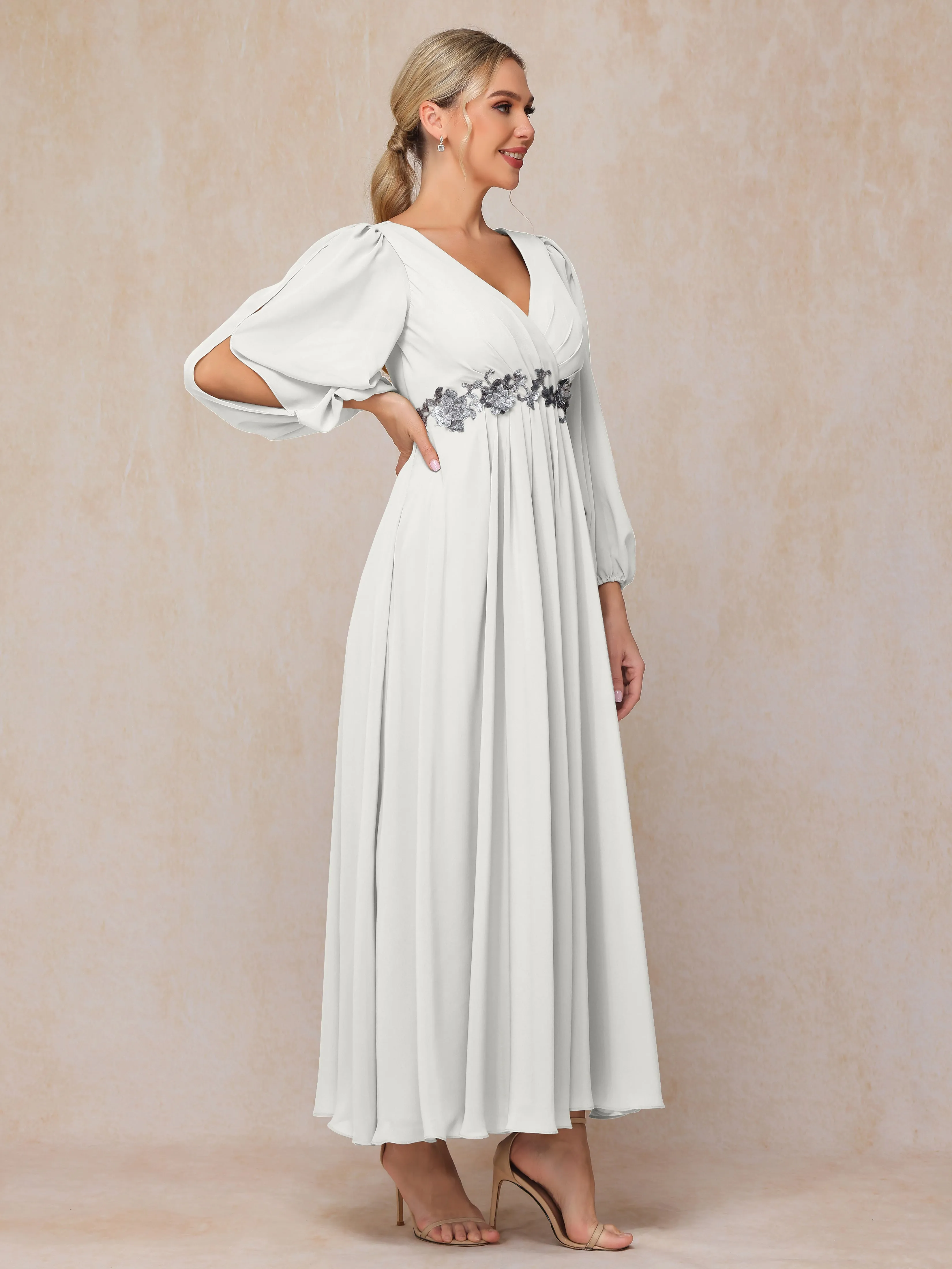 A-Line V-Neck Long Chiffon Mother of the Bride Dresses