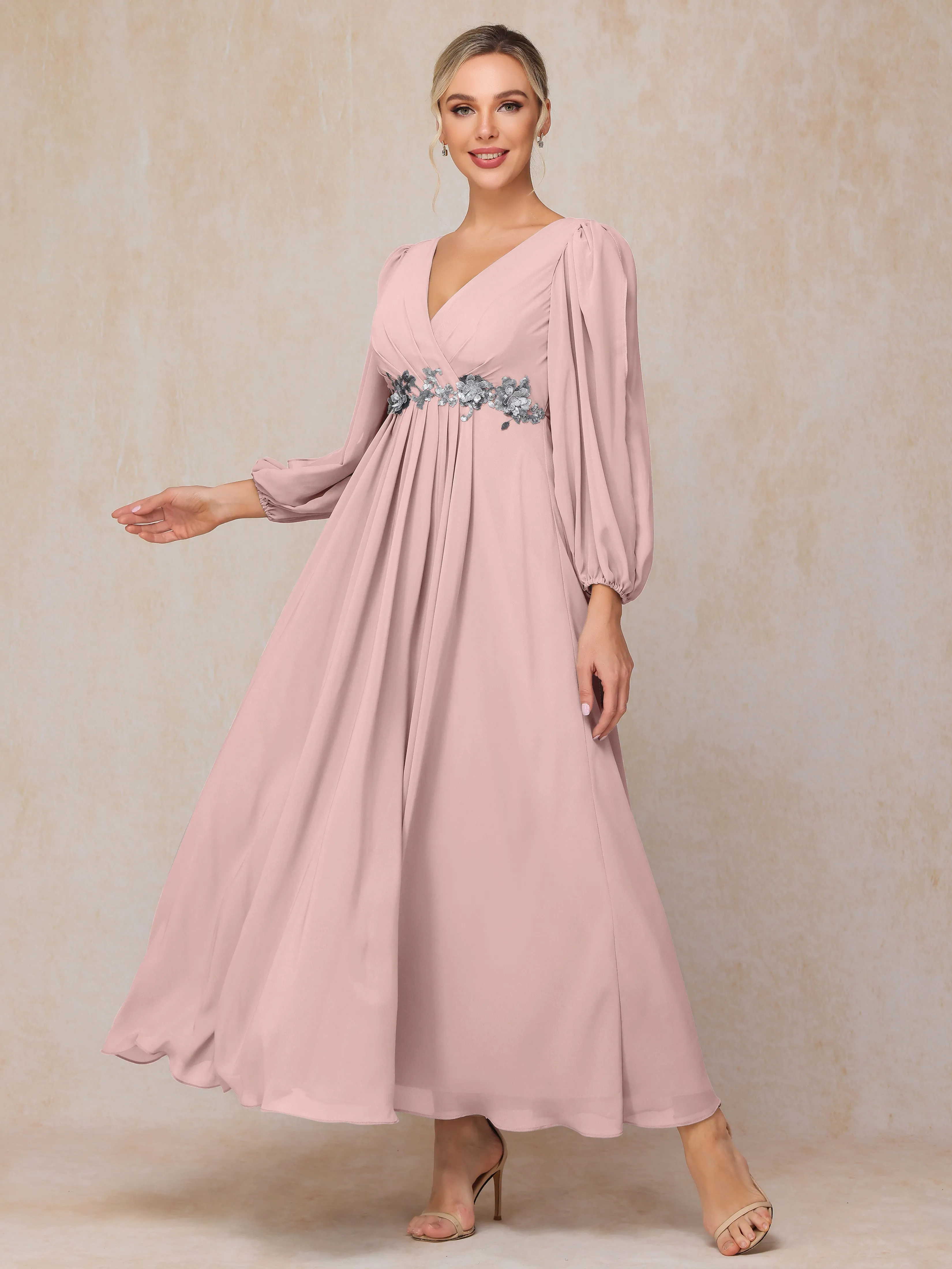 A-Line V-Neck Long Chiffon Mother of the Bride Dresses