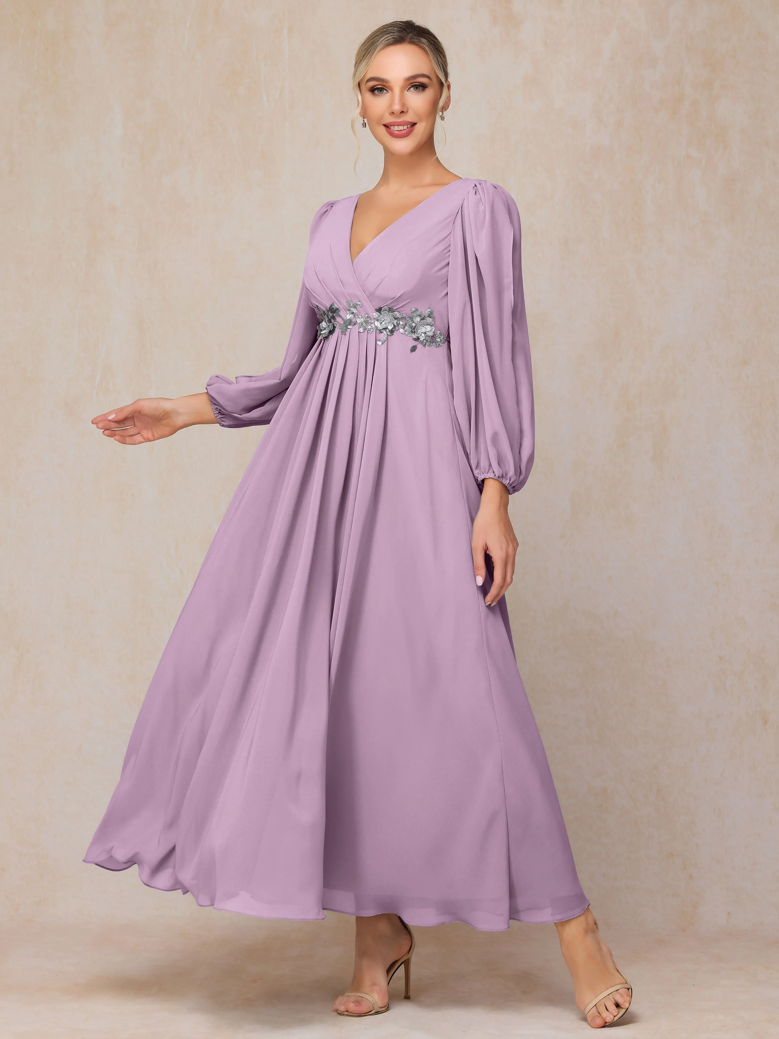 A-Line V-Neck Long Chiffon Mother of the Bride Dresses