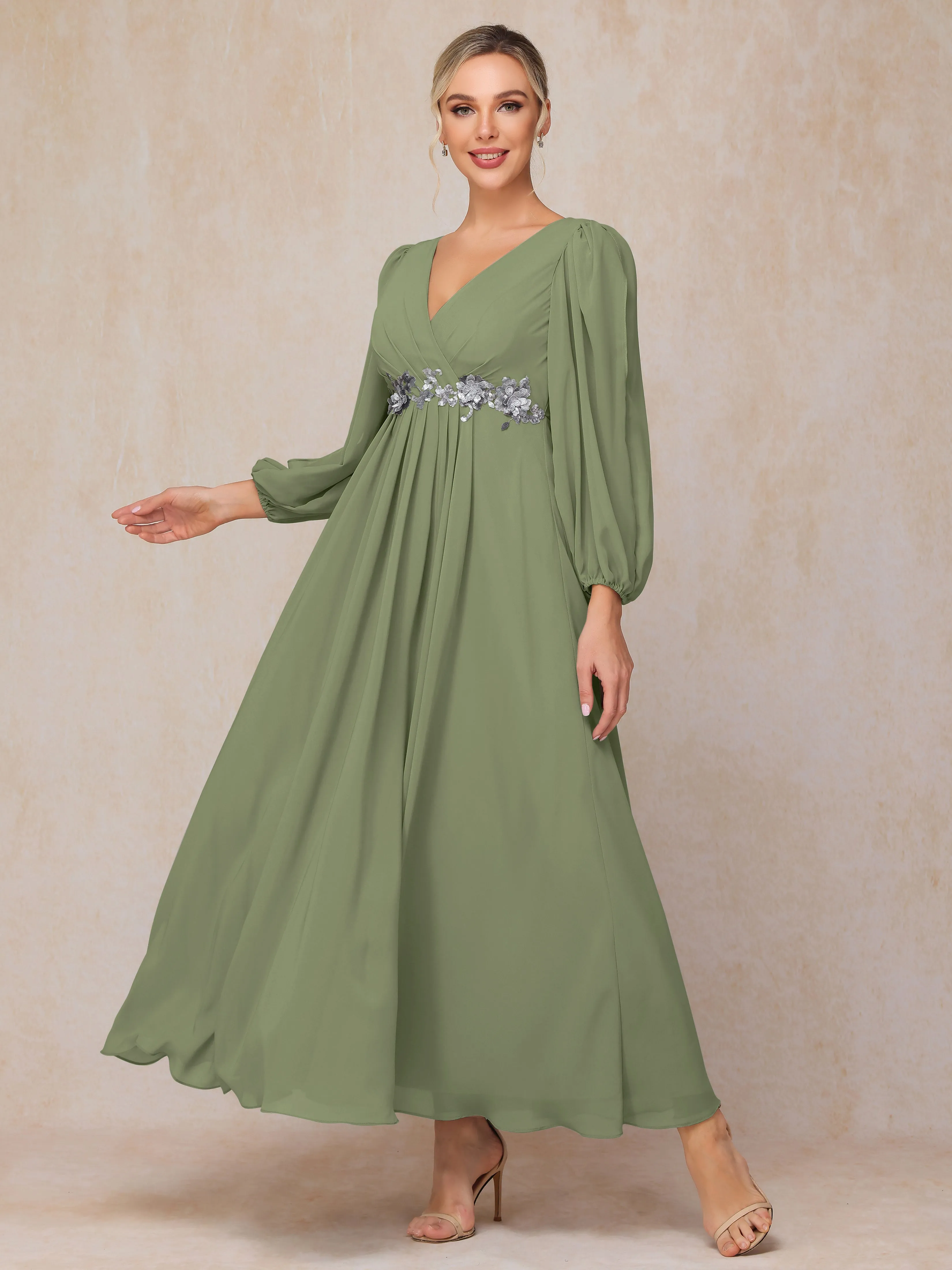 A-Line V-Neck Long Chiffon Mother of the Bride Dresses