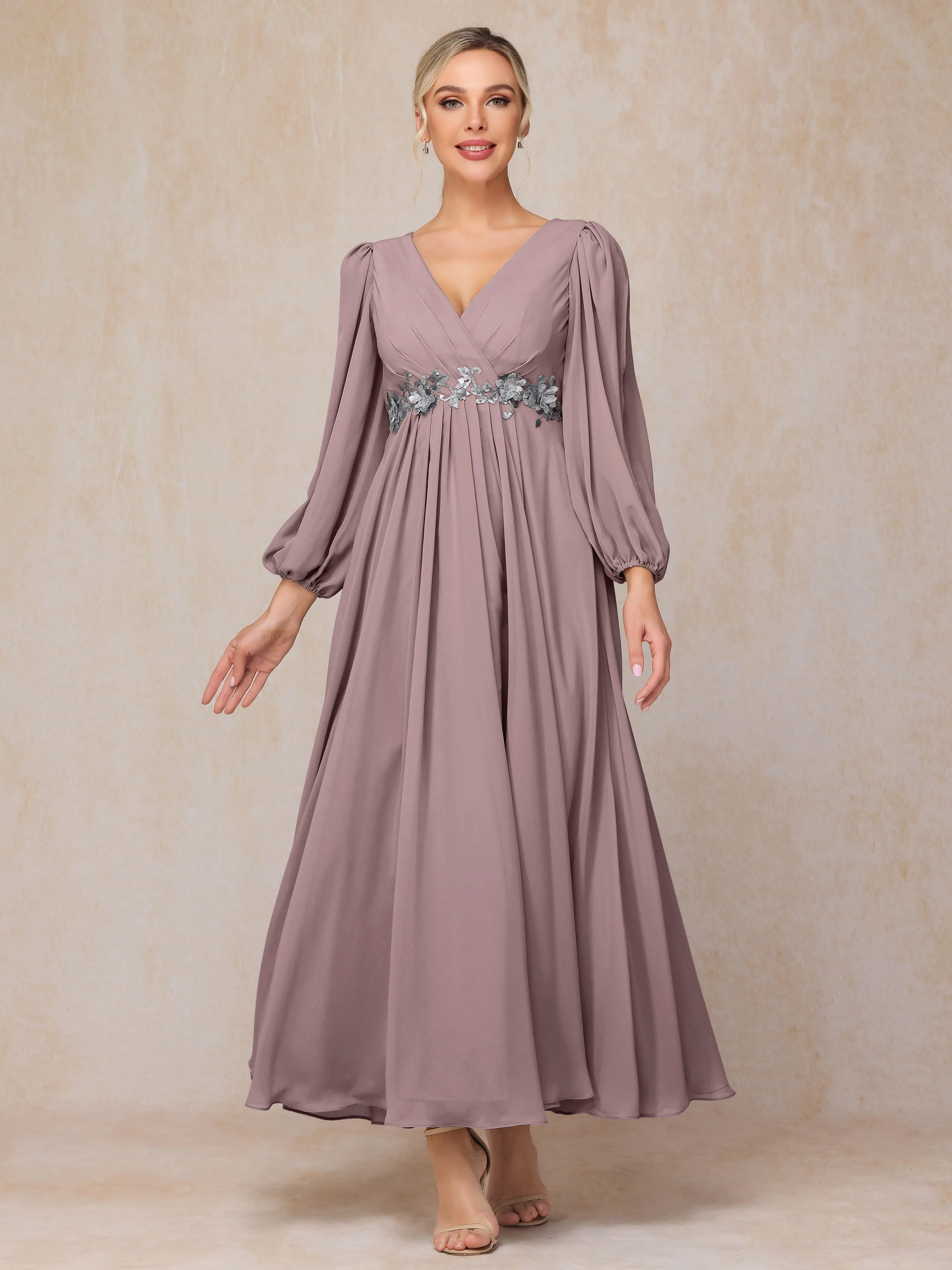 A-Line V-Neck Long Chiffon Mother of the Bride Dresses