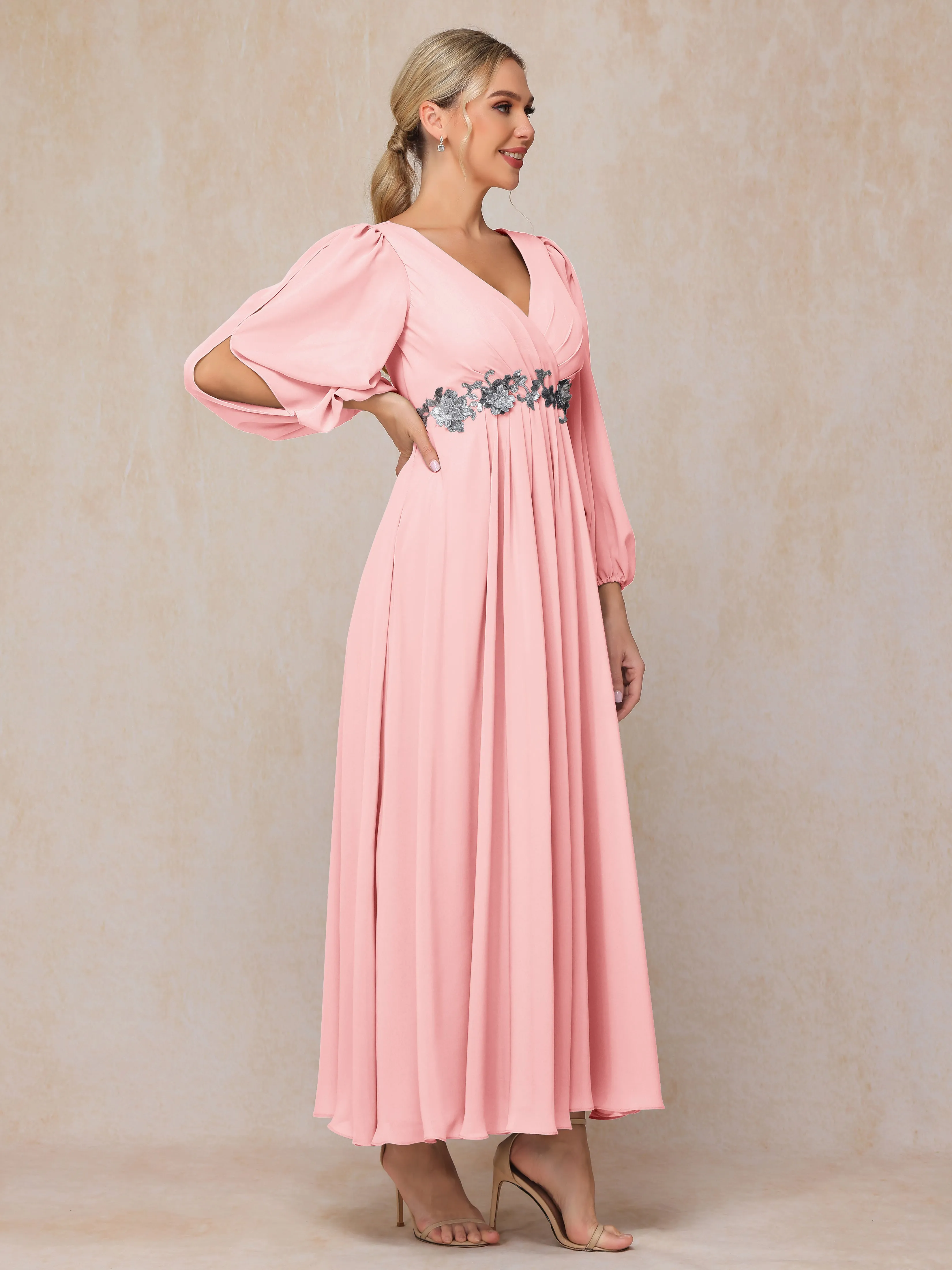 A-Line V-Neck Long Chiffon Mother of the Bride Dresses