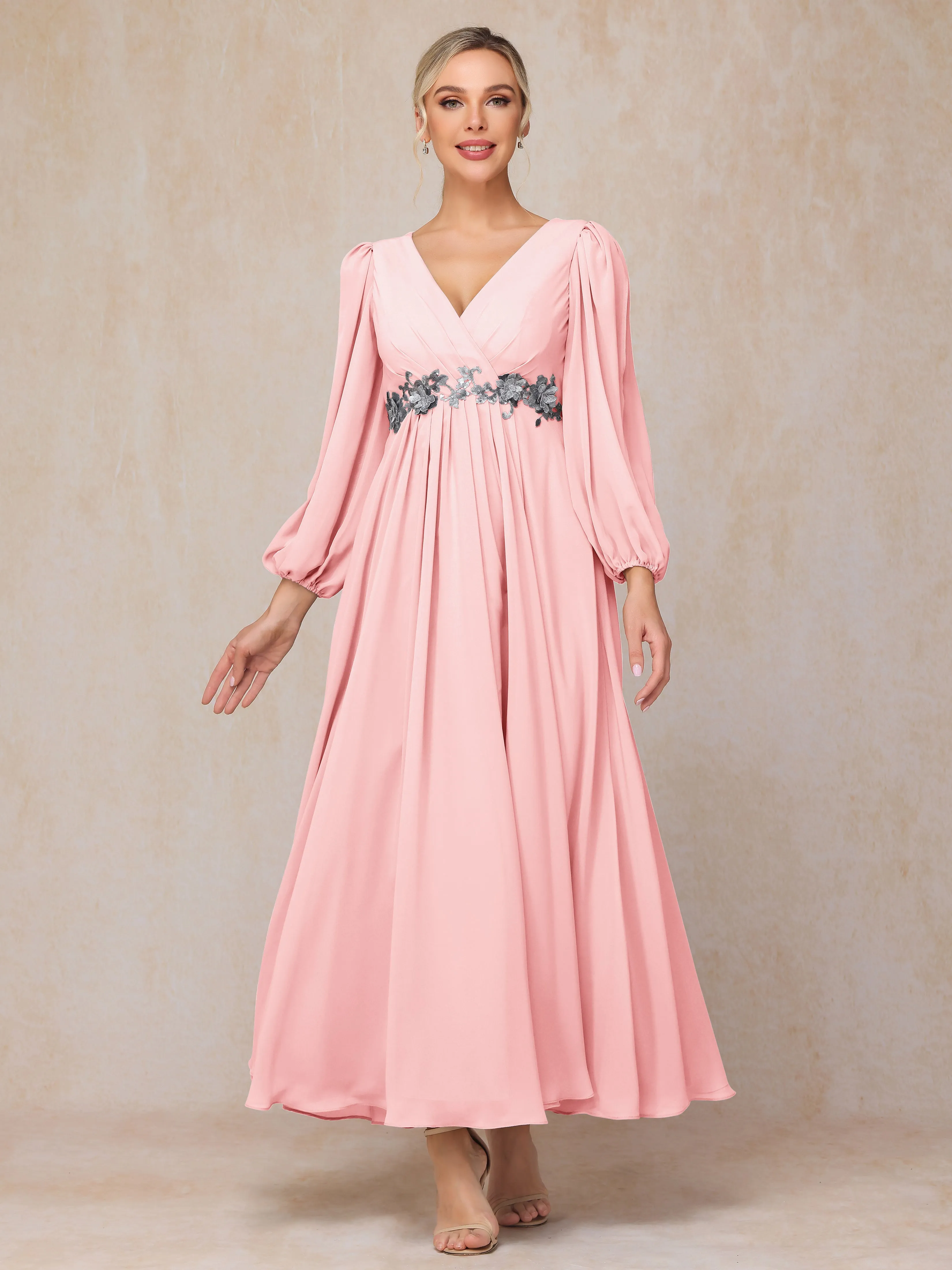 A-Line V-Neck Long Chiffon Mother of the Bride Dresses