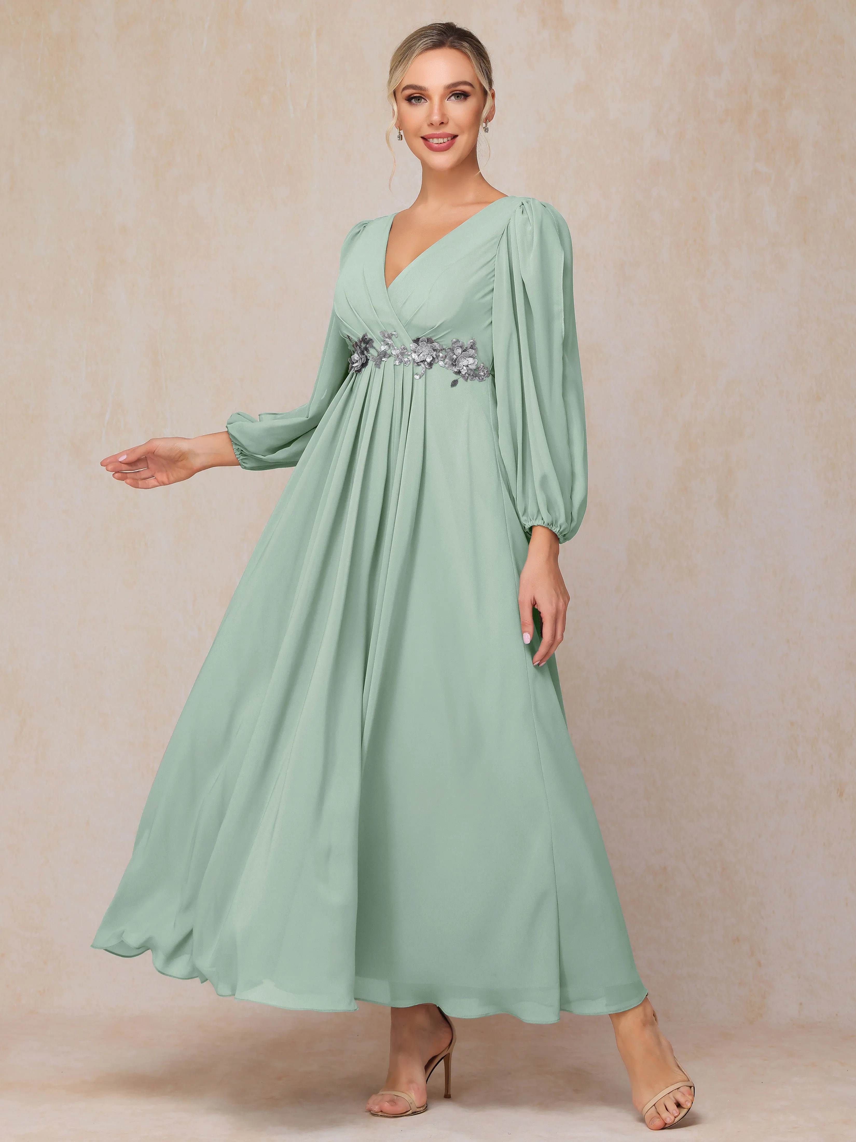 A-Line V-Neck Long Chiffon Mother of the Bride Dresses