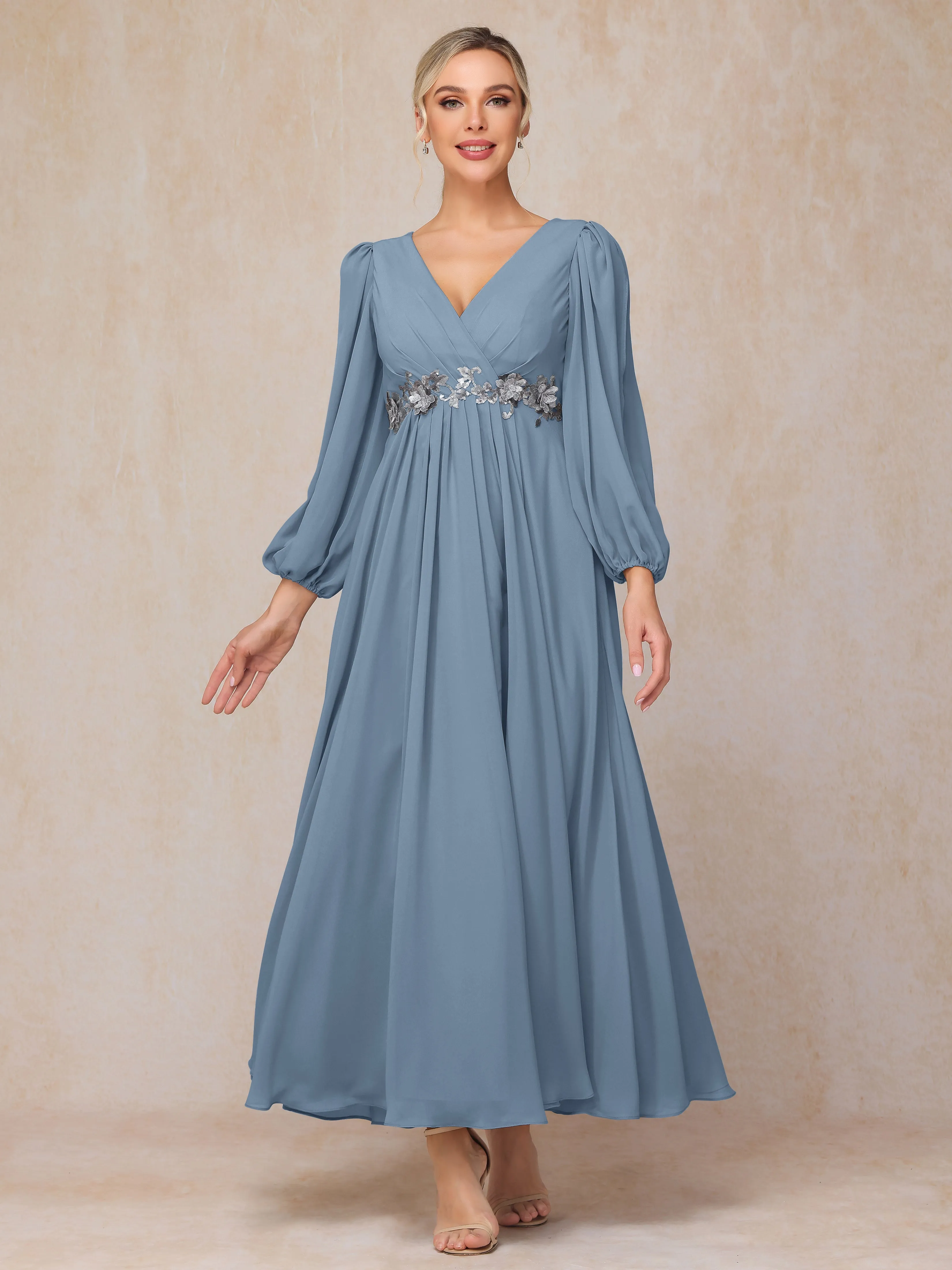 A-Line V-Neck Long Chiffon Mother of the Bride Dresses