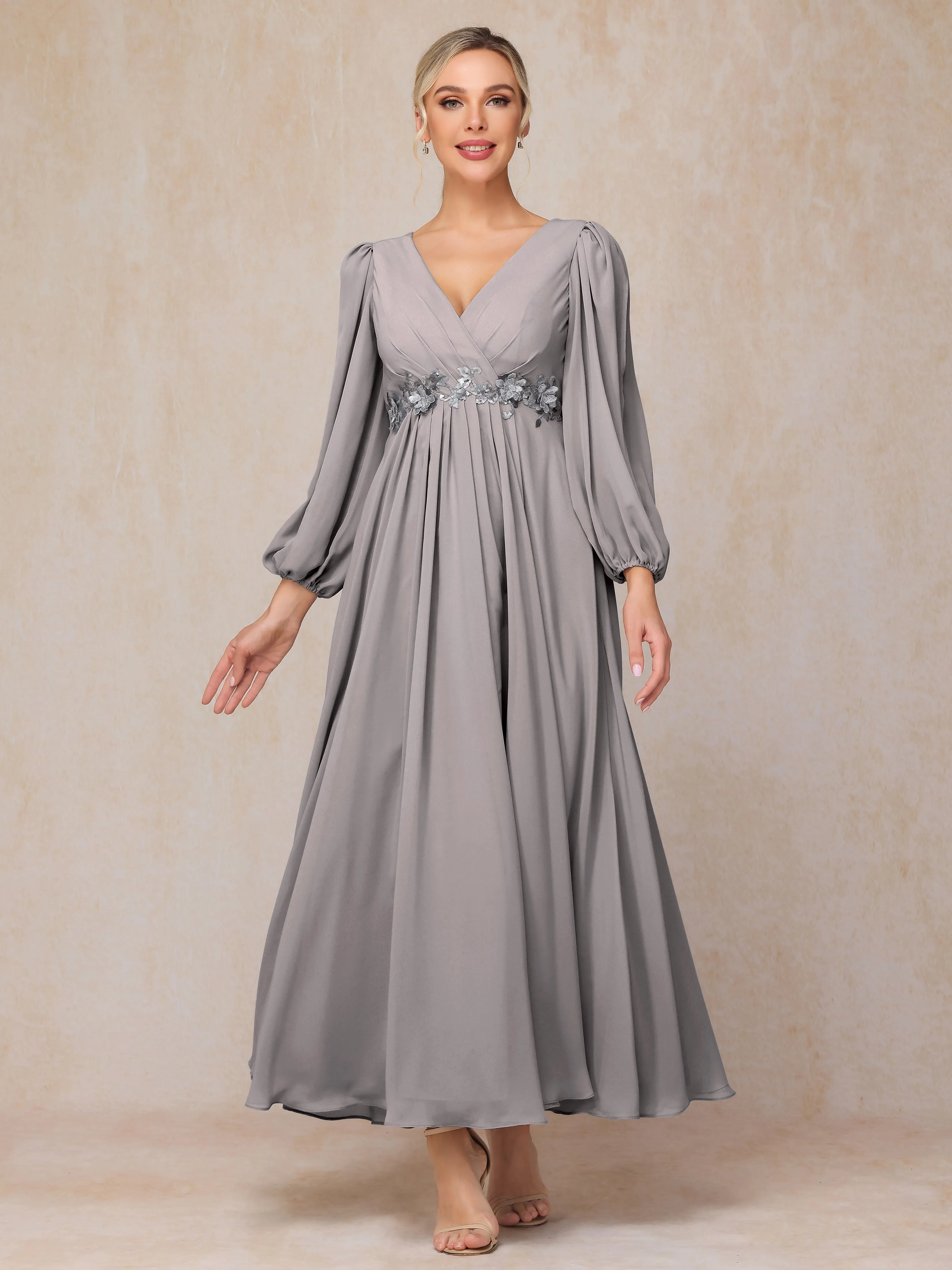 A-Line V-Neck Long Chiffon Mother of the Bride Dresses