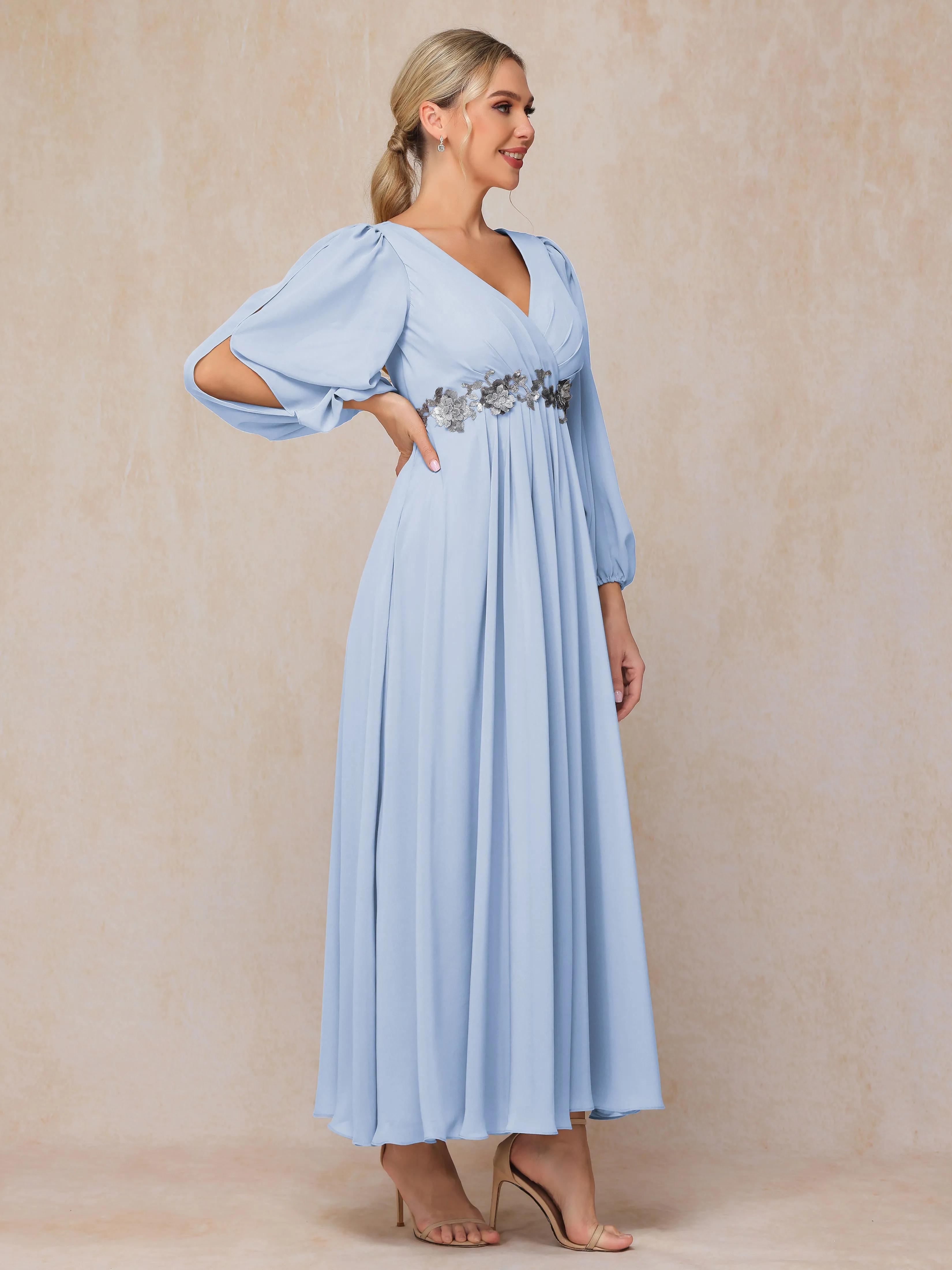 A-Line V-Neck Long Chiffon Mother of the Bride Dresses