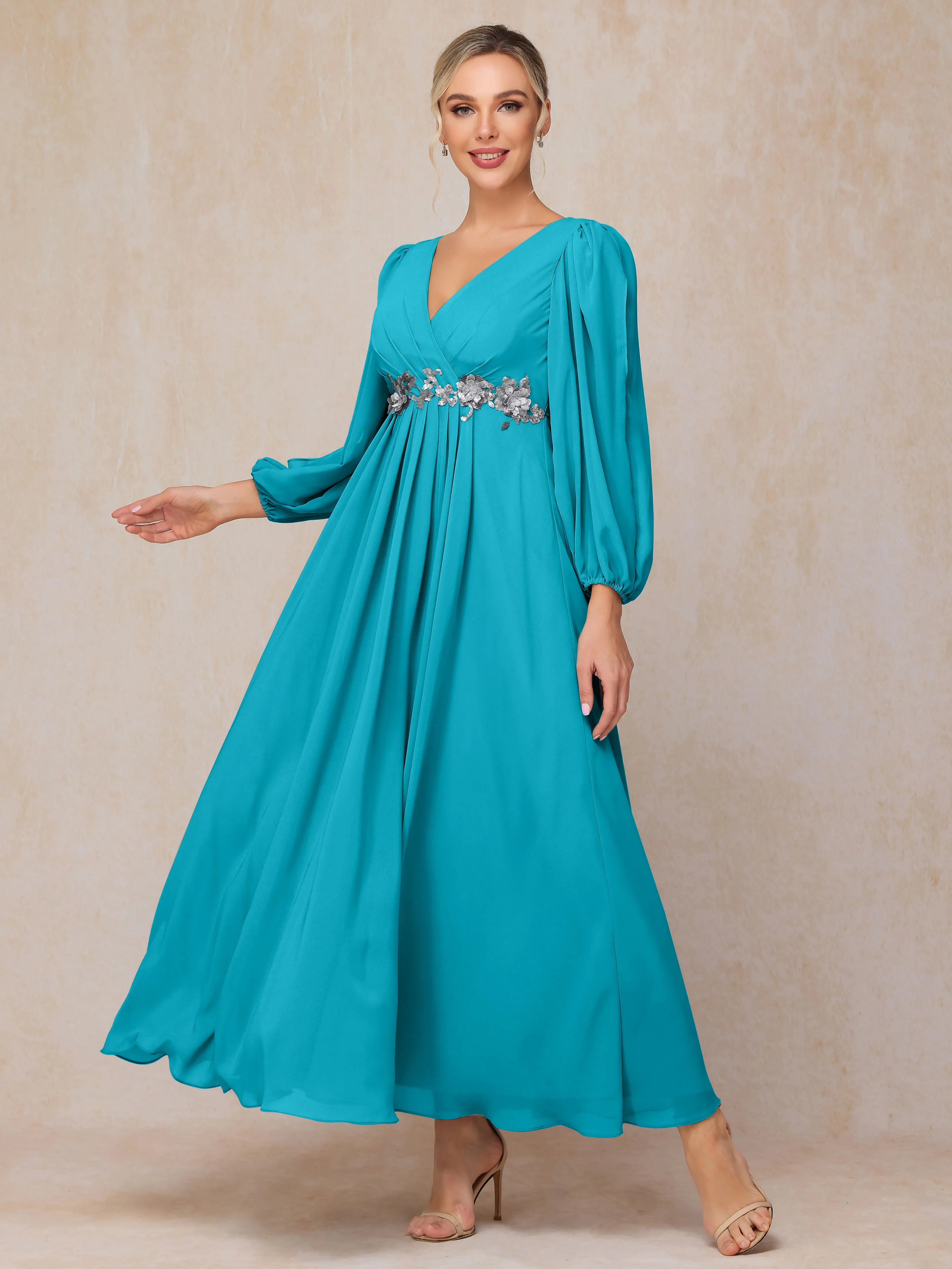 A-Line V-Neck Long Chiffon Mother of the Bride Dresses