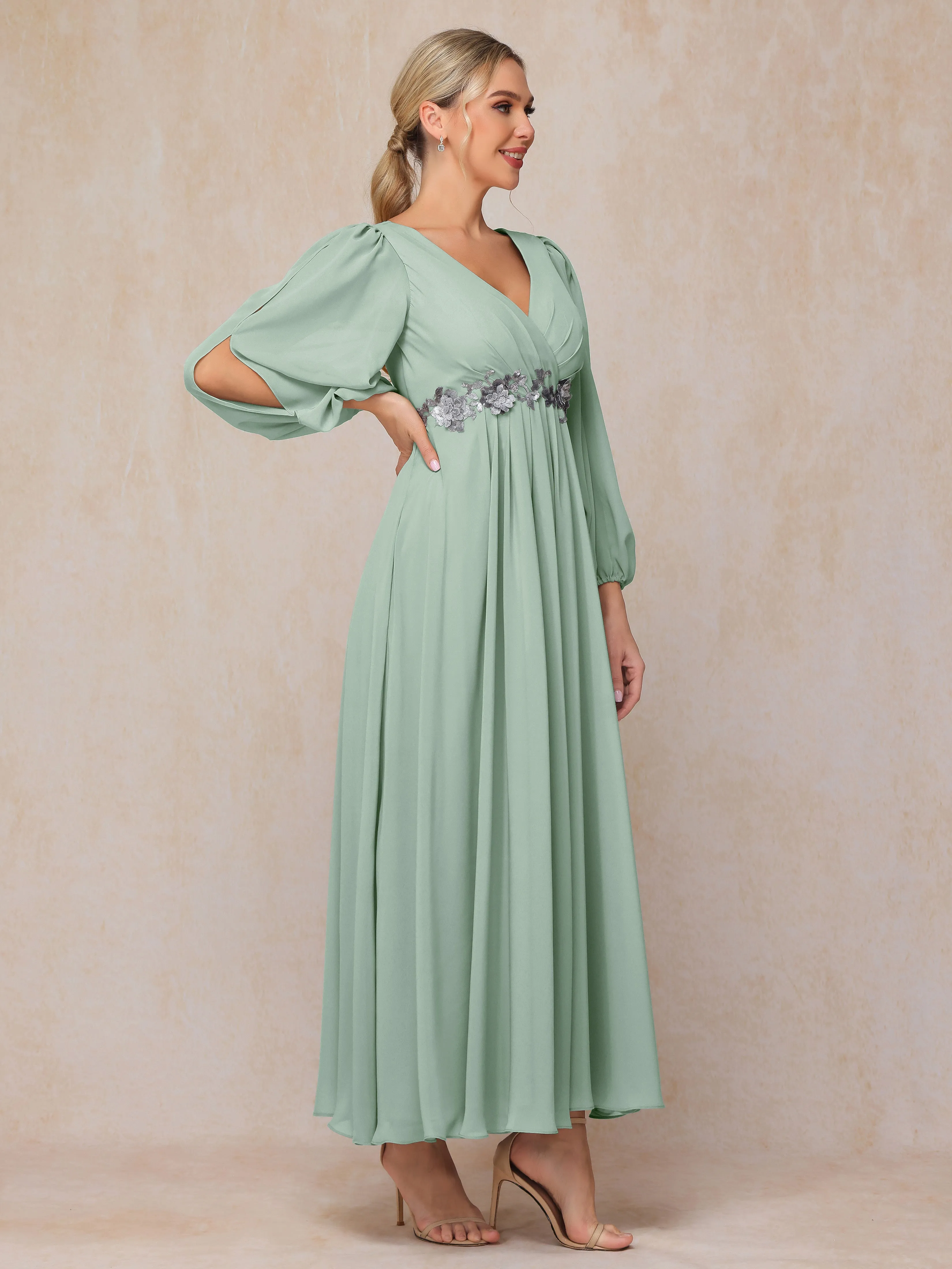 A-Line V-Neck Long Chiffon Mother of the Bride Dresses