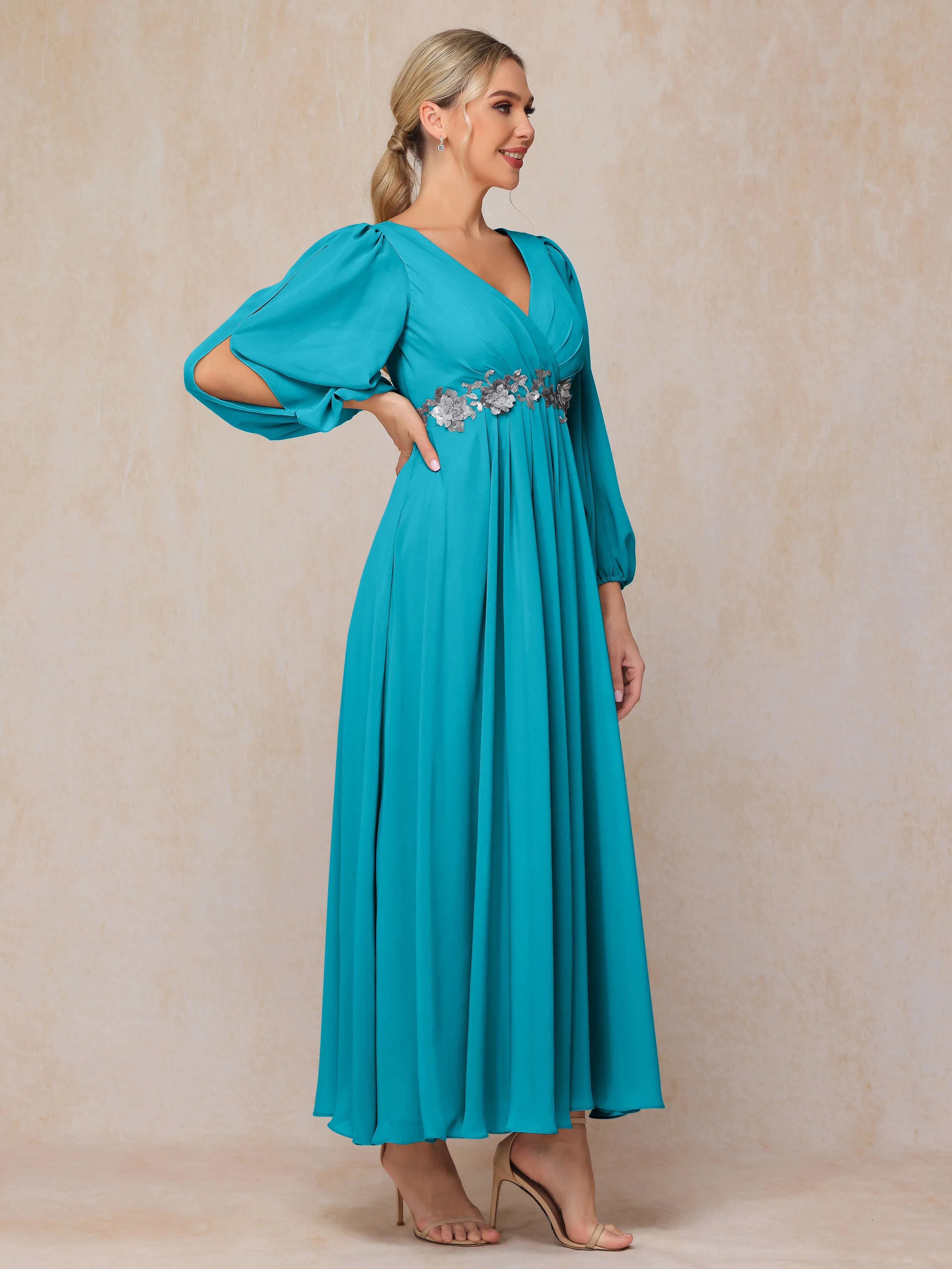 A-Line V-Neck Long Chiffon Mother of the Bride Dresses