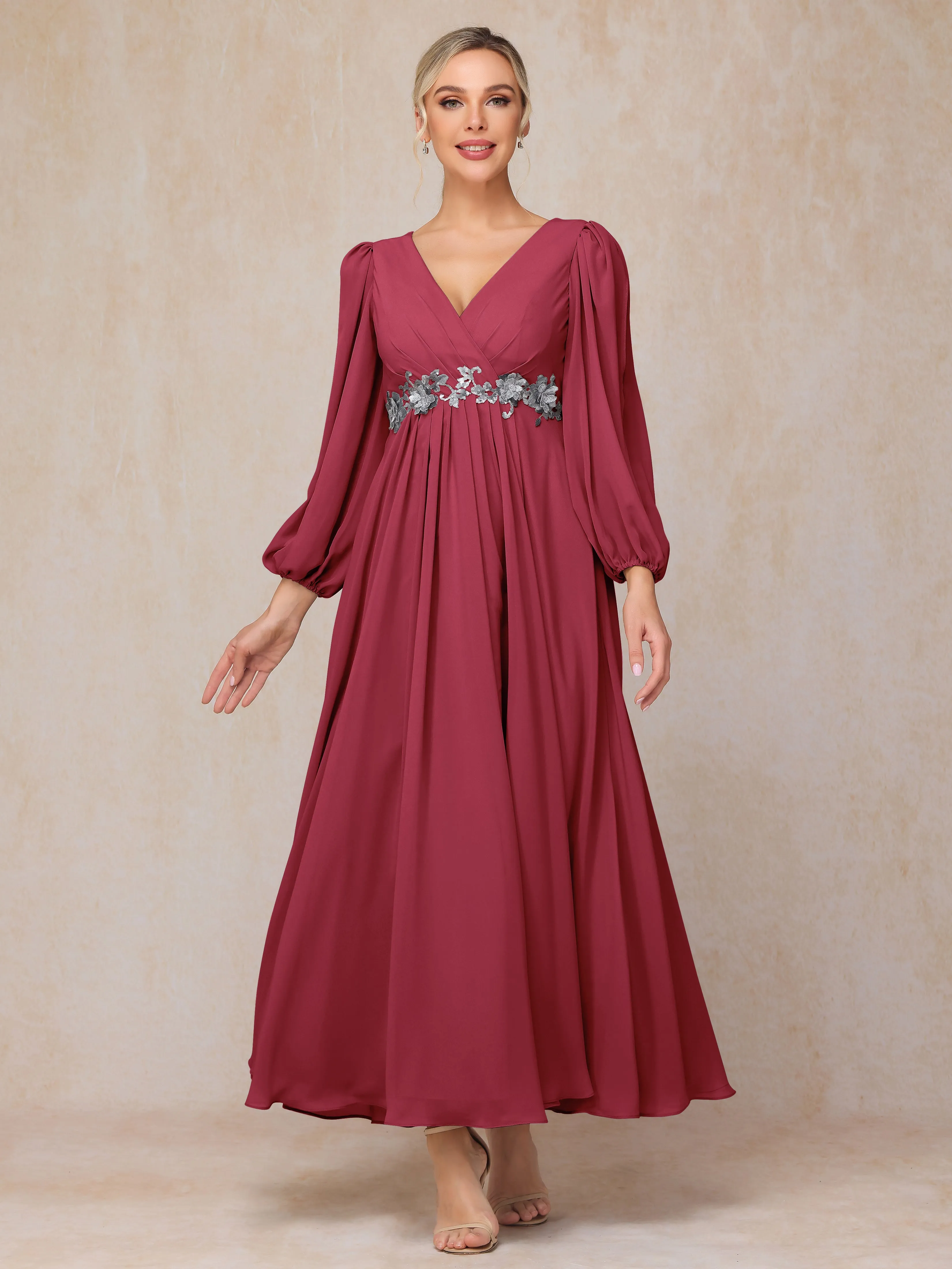 A-Line V-Neck Long Chiffon Mother of the Bride Dresses