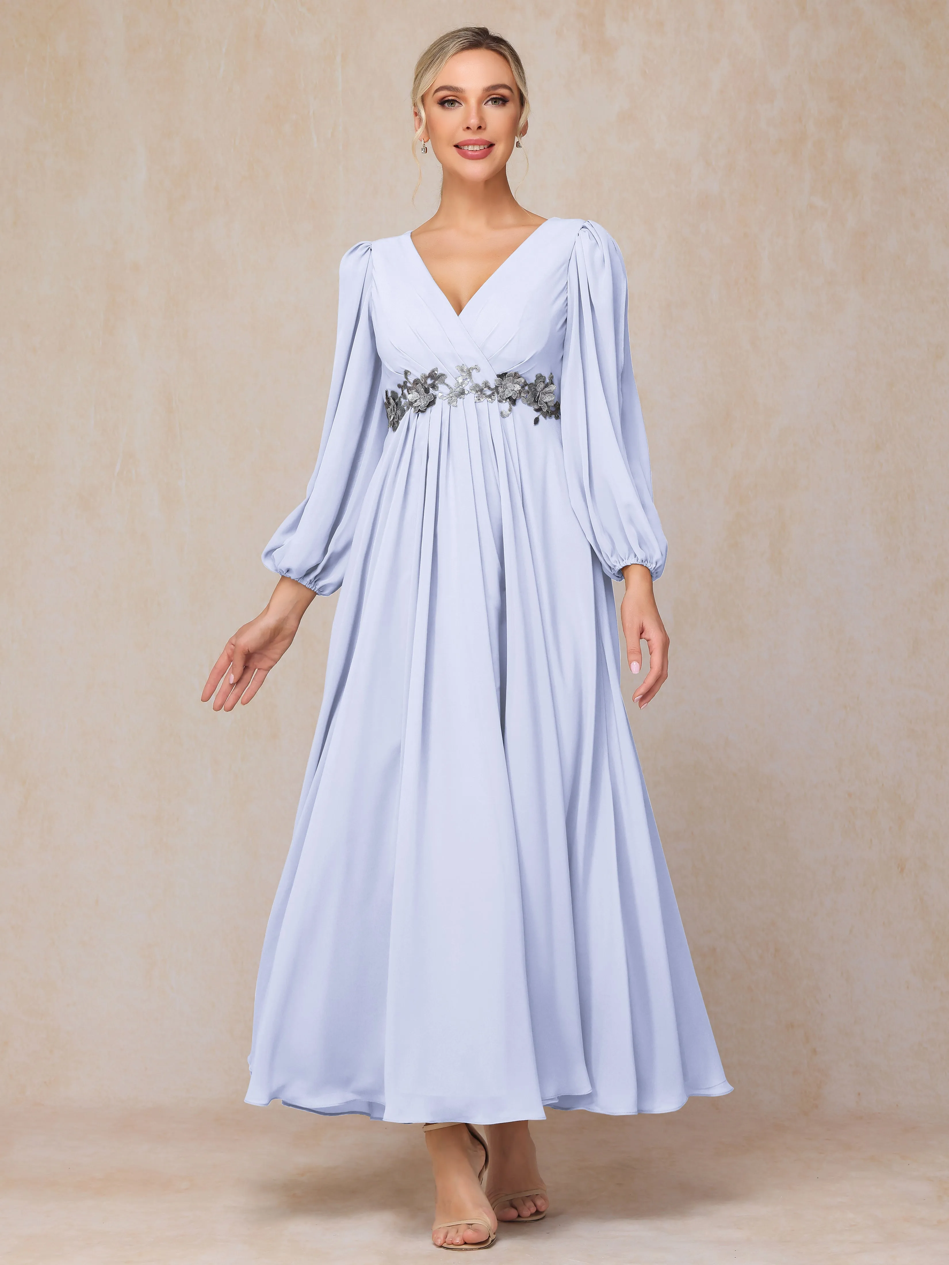 A-Line V-Neck Long Chiffon Mother of the Bride Dresses