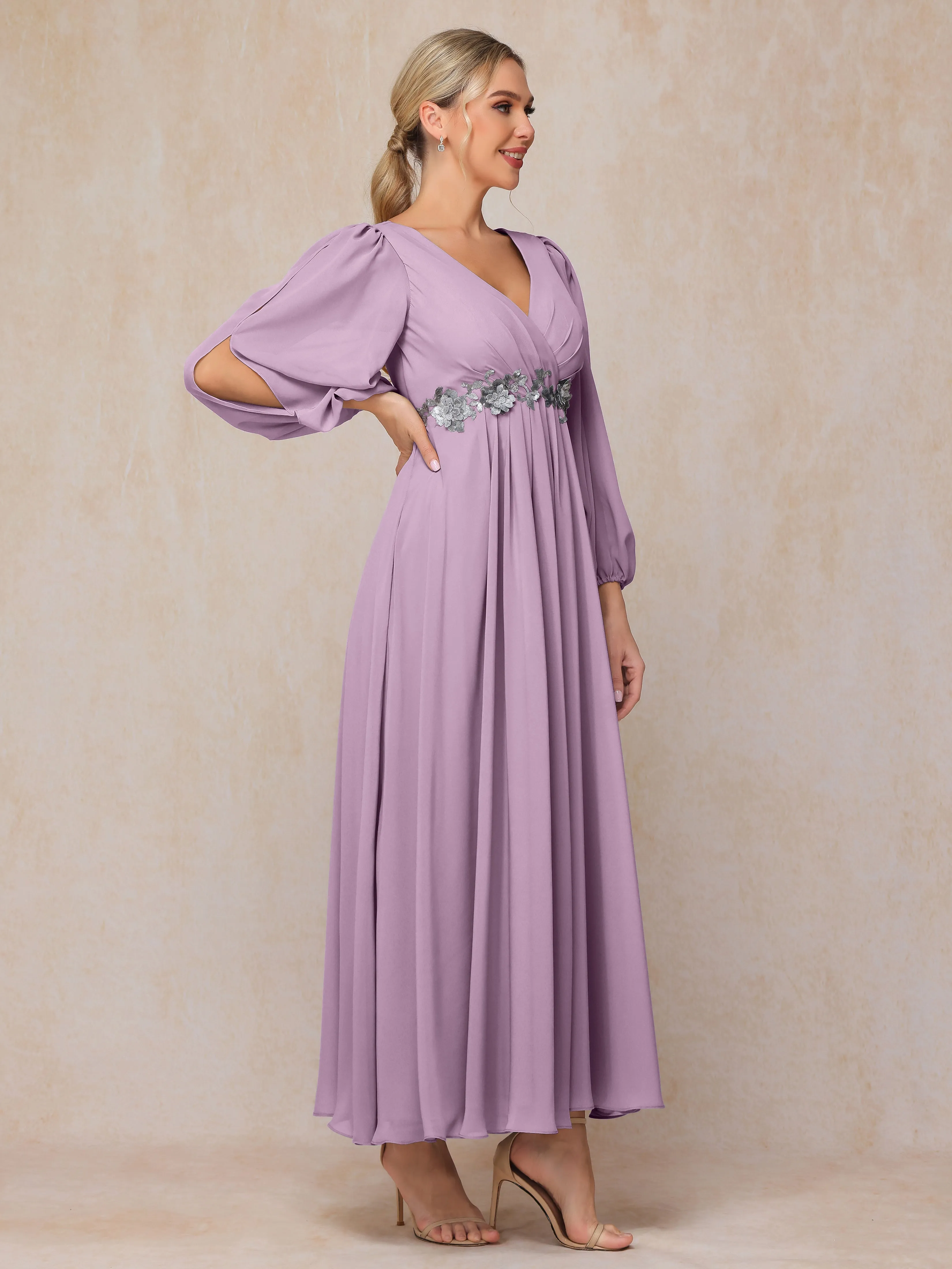 A-Line V-Neck Long Chiffon Mother of the Bride Dresses