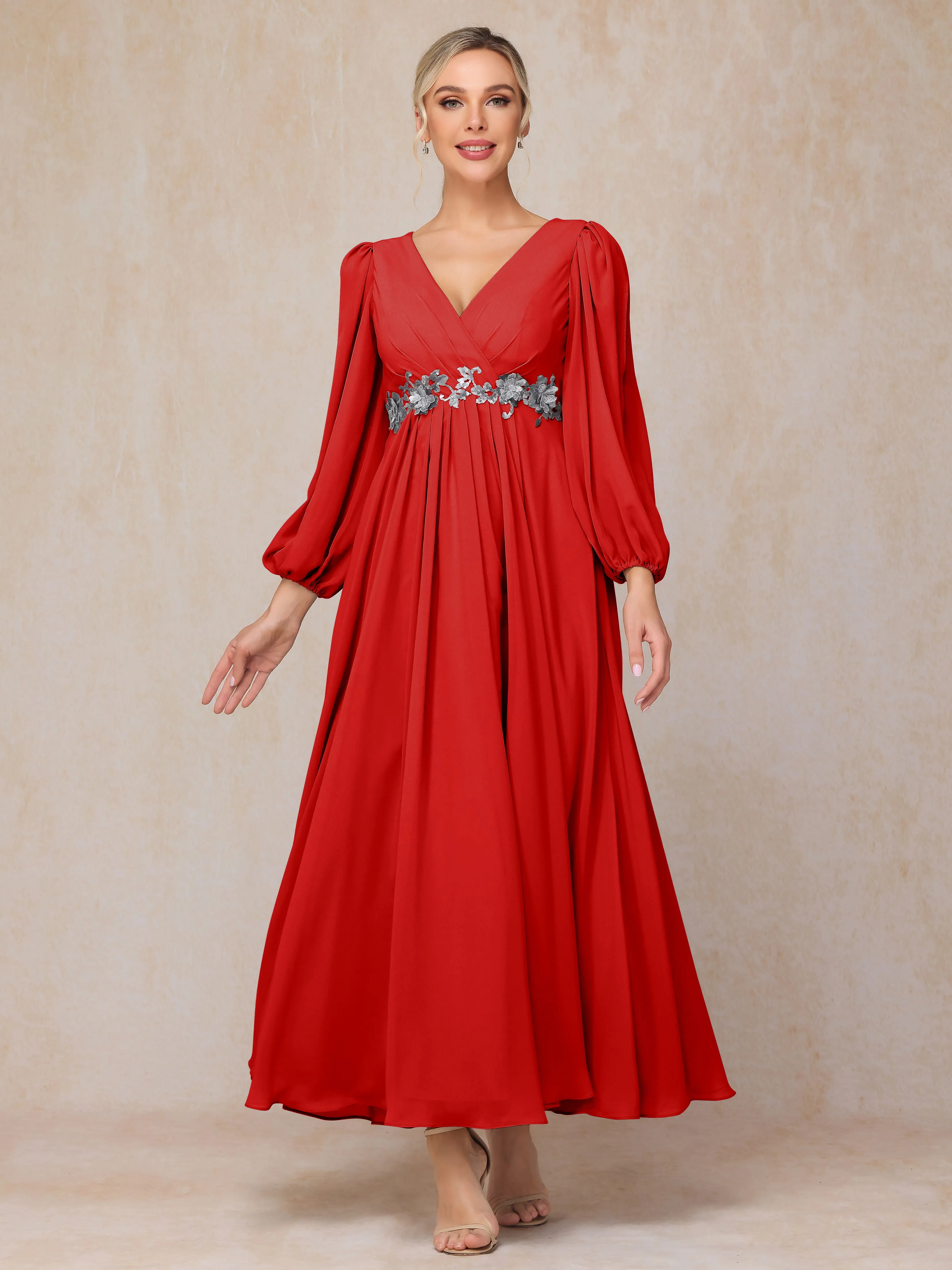 A-Line V-Neck Long Chiffon Mother of the Bride Dresses