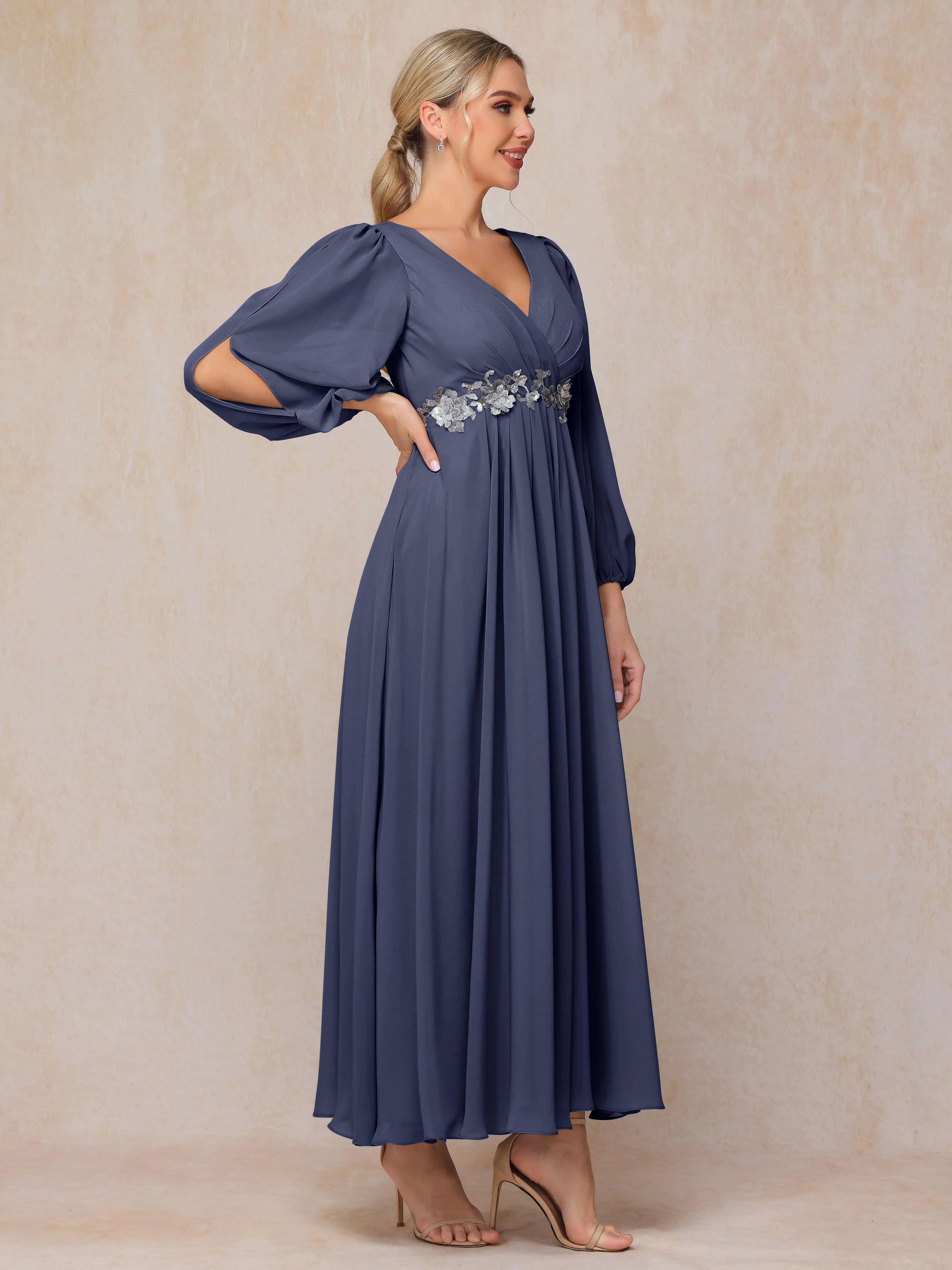 A-Line V-Neck Long Chiffon Mother of the Bride Dresses