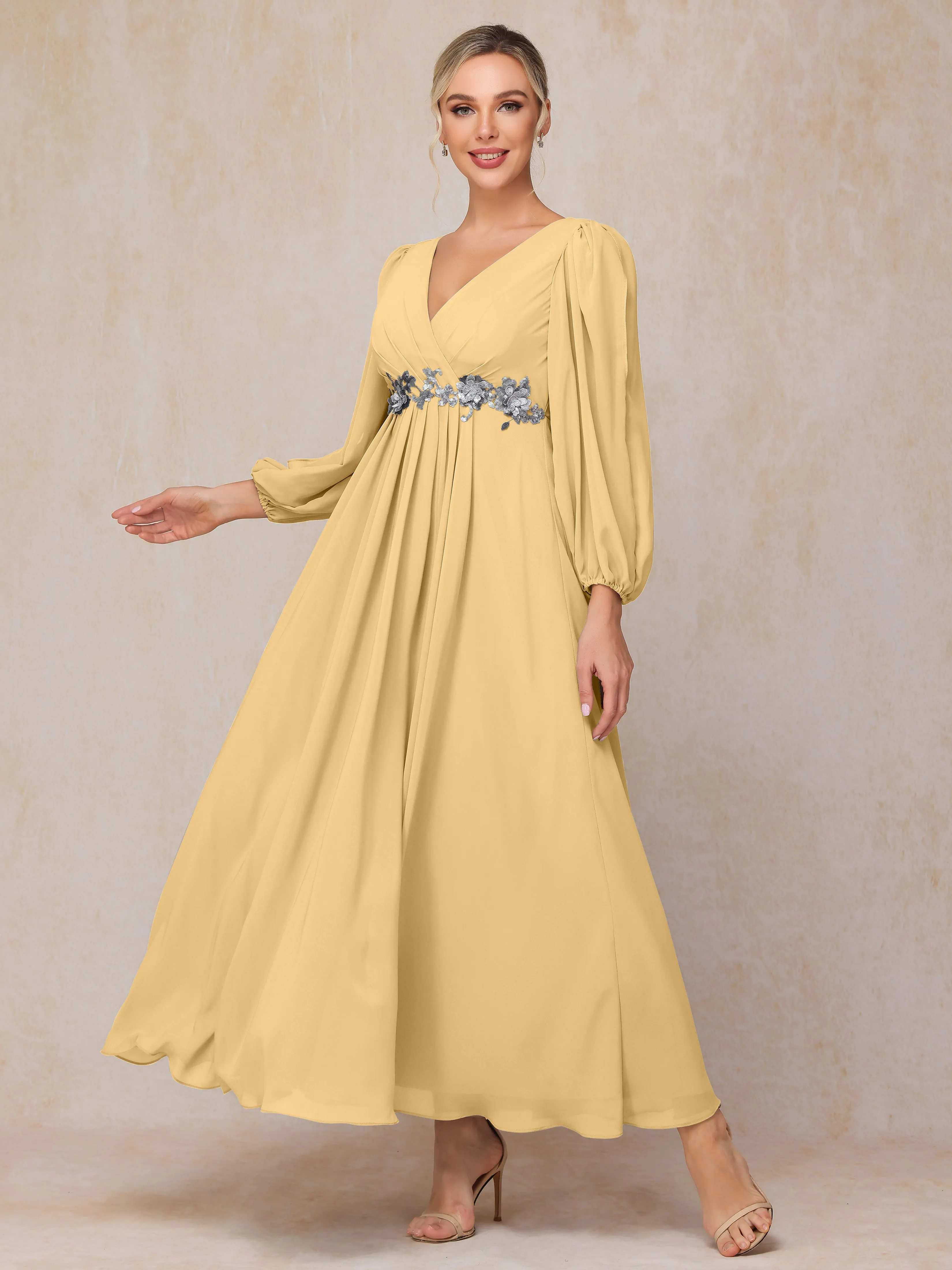 A-Line V-Neck Long Chiffon Mother of the Bride Dresses