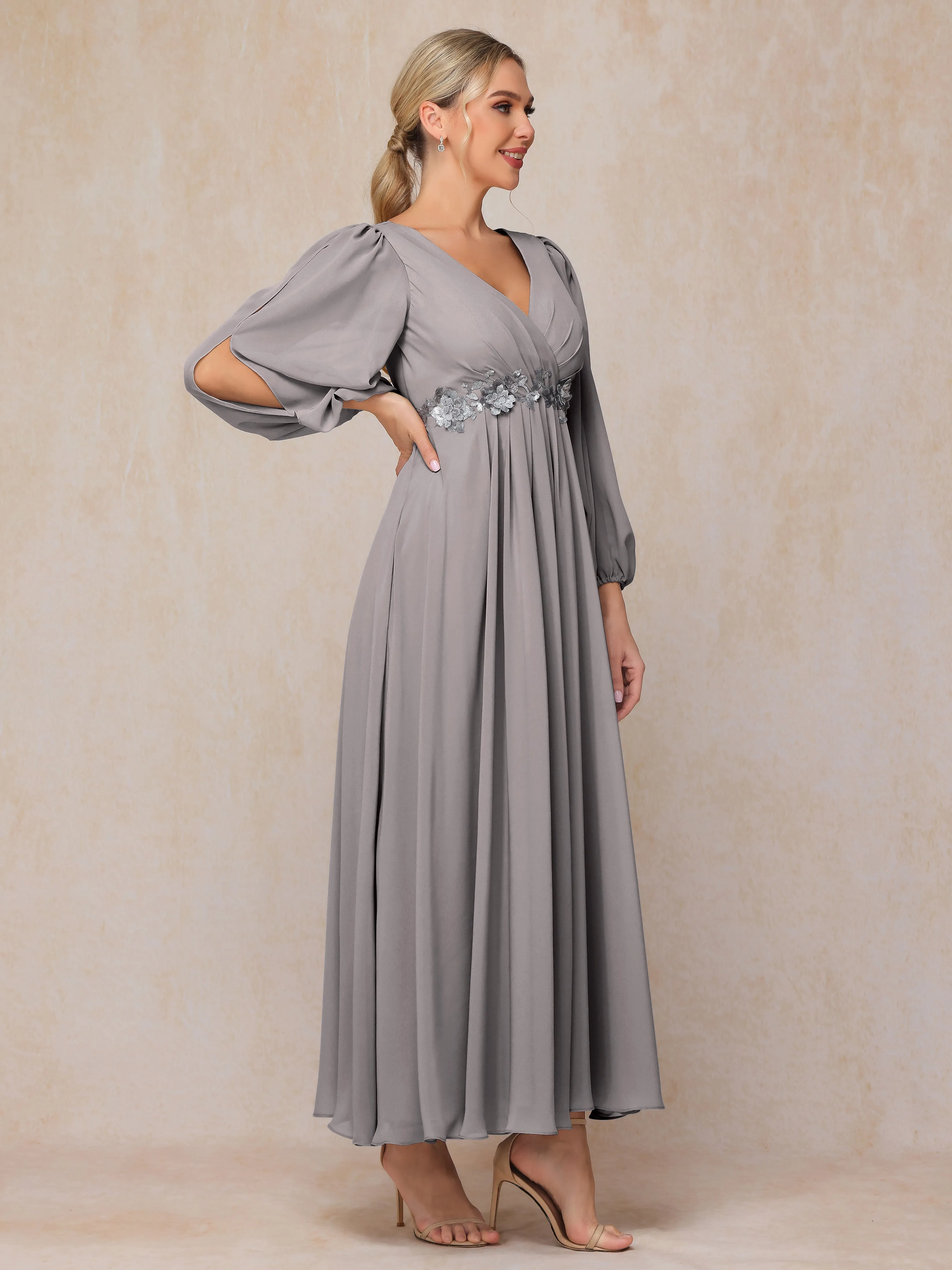 A-Line V-Neck Long Chiffon Mother of the Bride Dresses