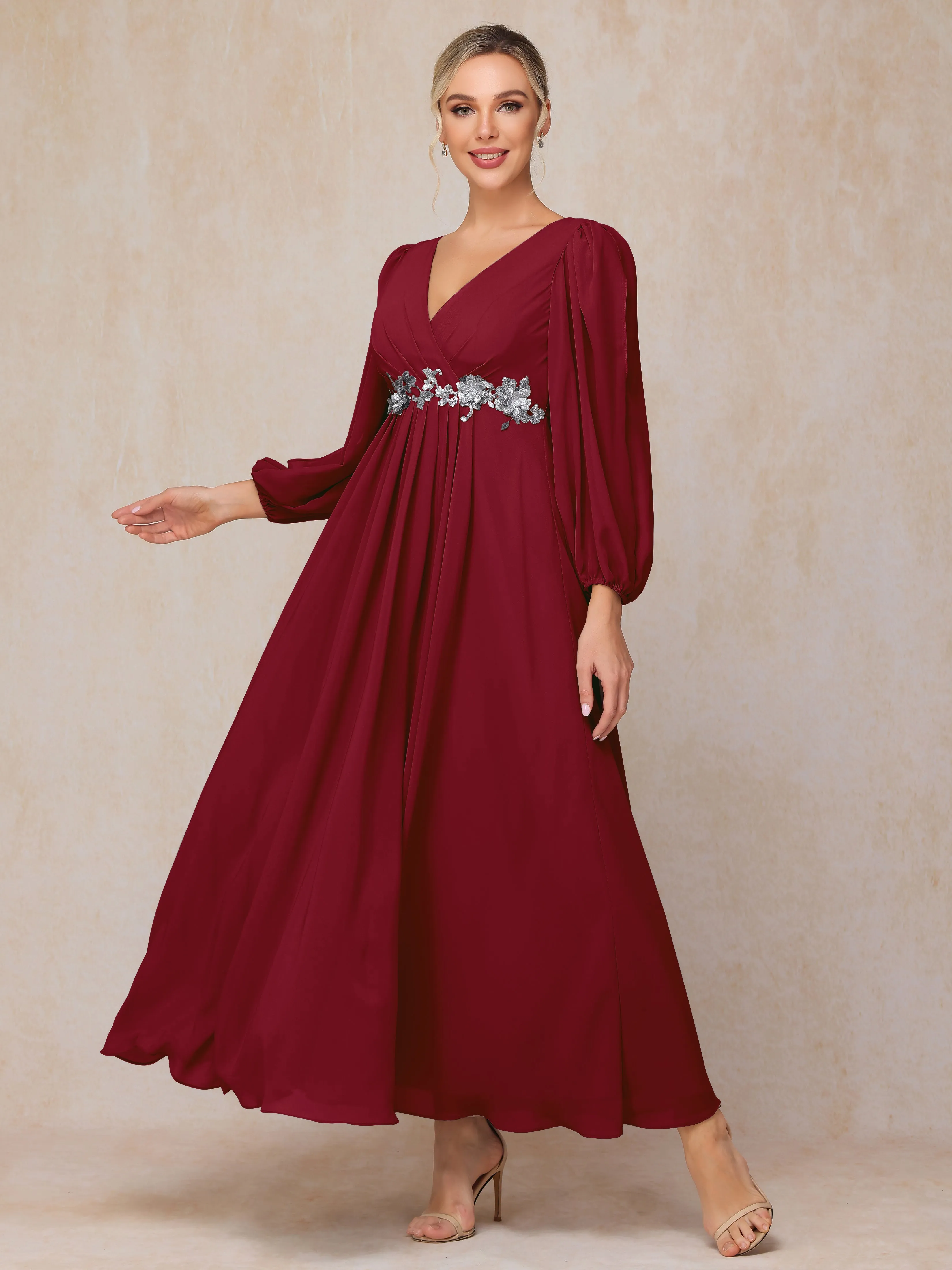 A-Line V-Neck Long Chiffon Mother of the Bride Dresses