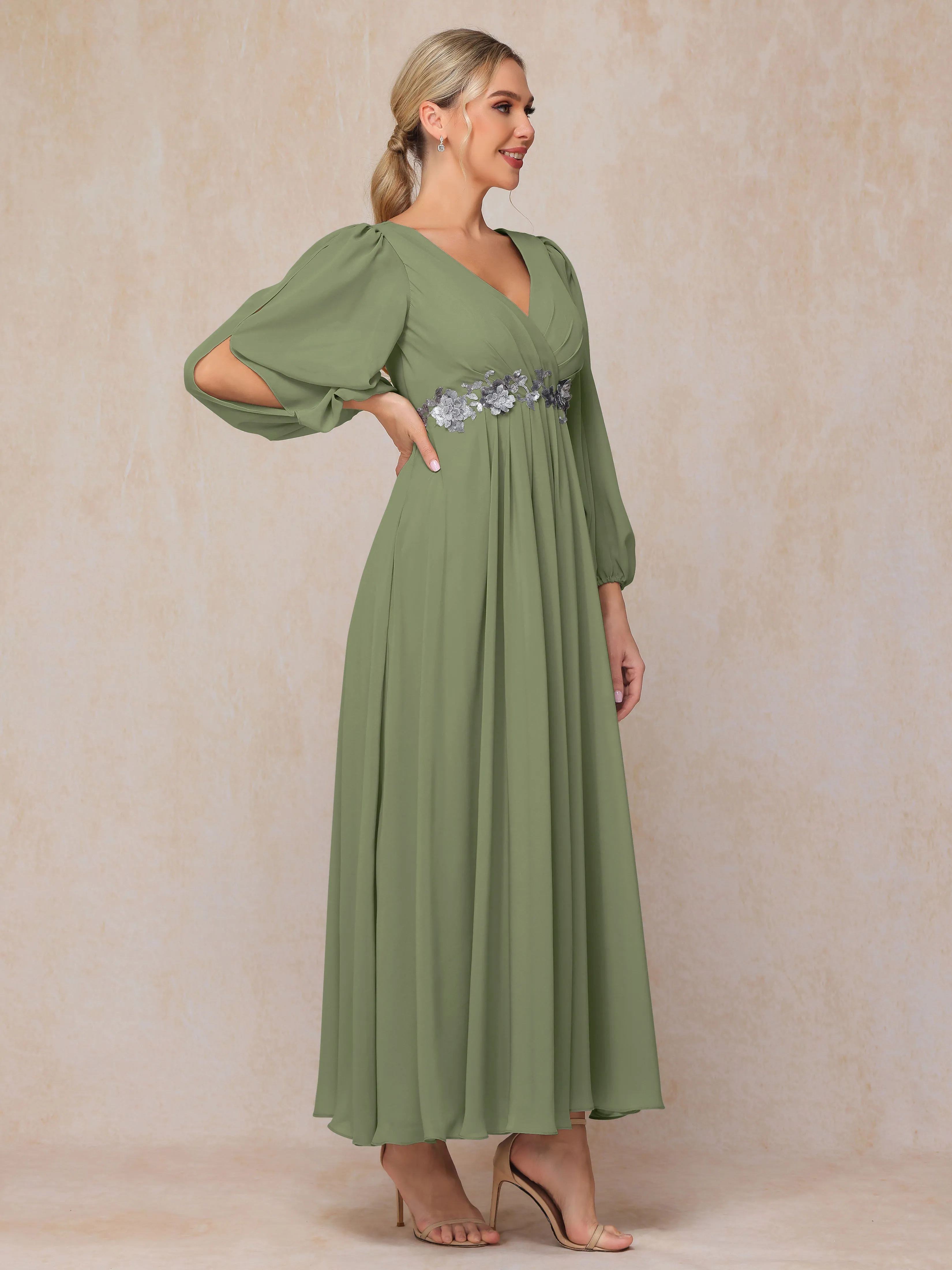 A-Line V-Neck Long Chiffon Mother of the Bride Dresses