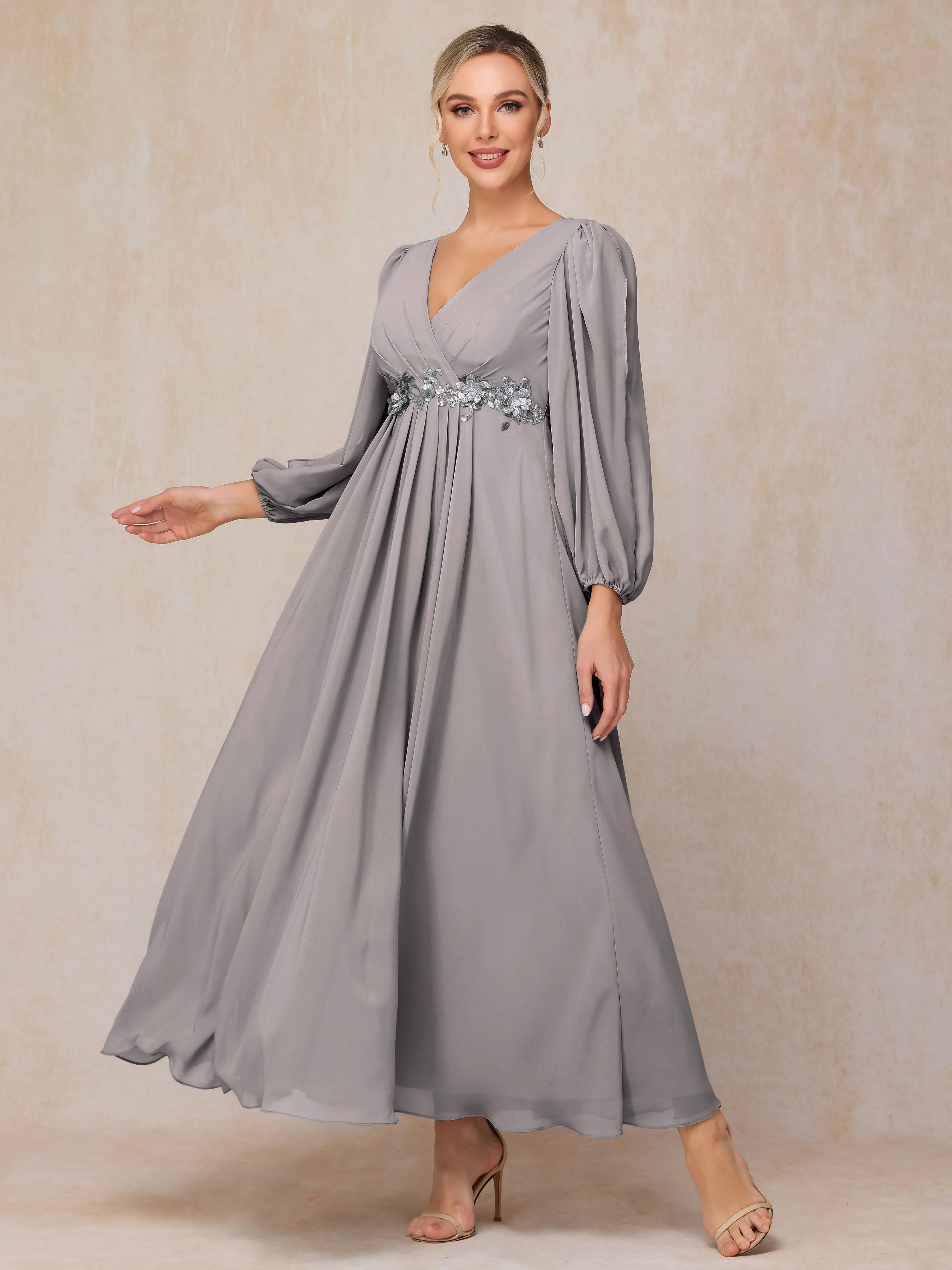 A-Line V-Neck Long Chiffon Mother of the Bride Dresses