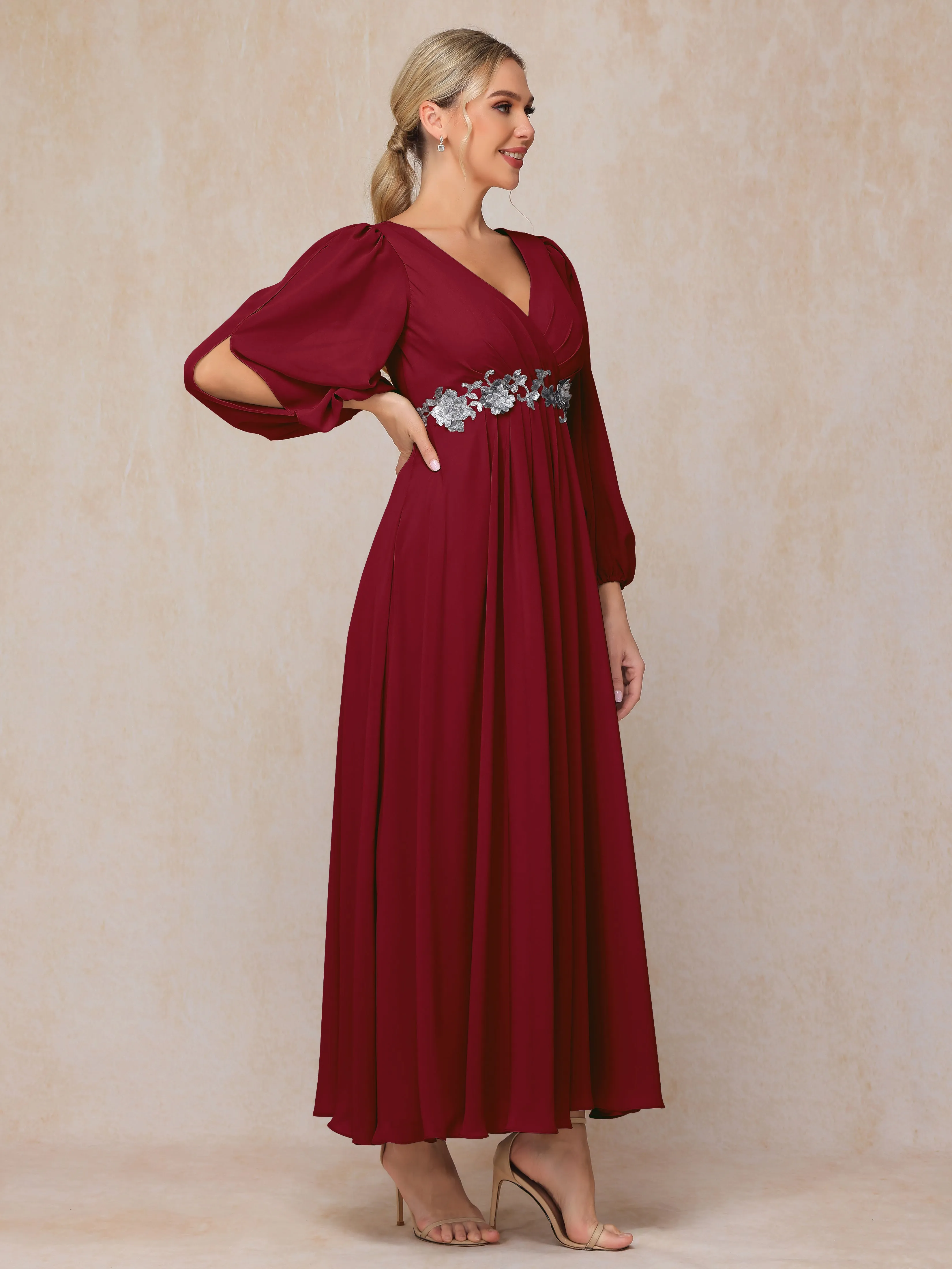 A-Line V-Neck Long Chiffon Mother of the Bride Dresses