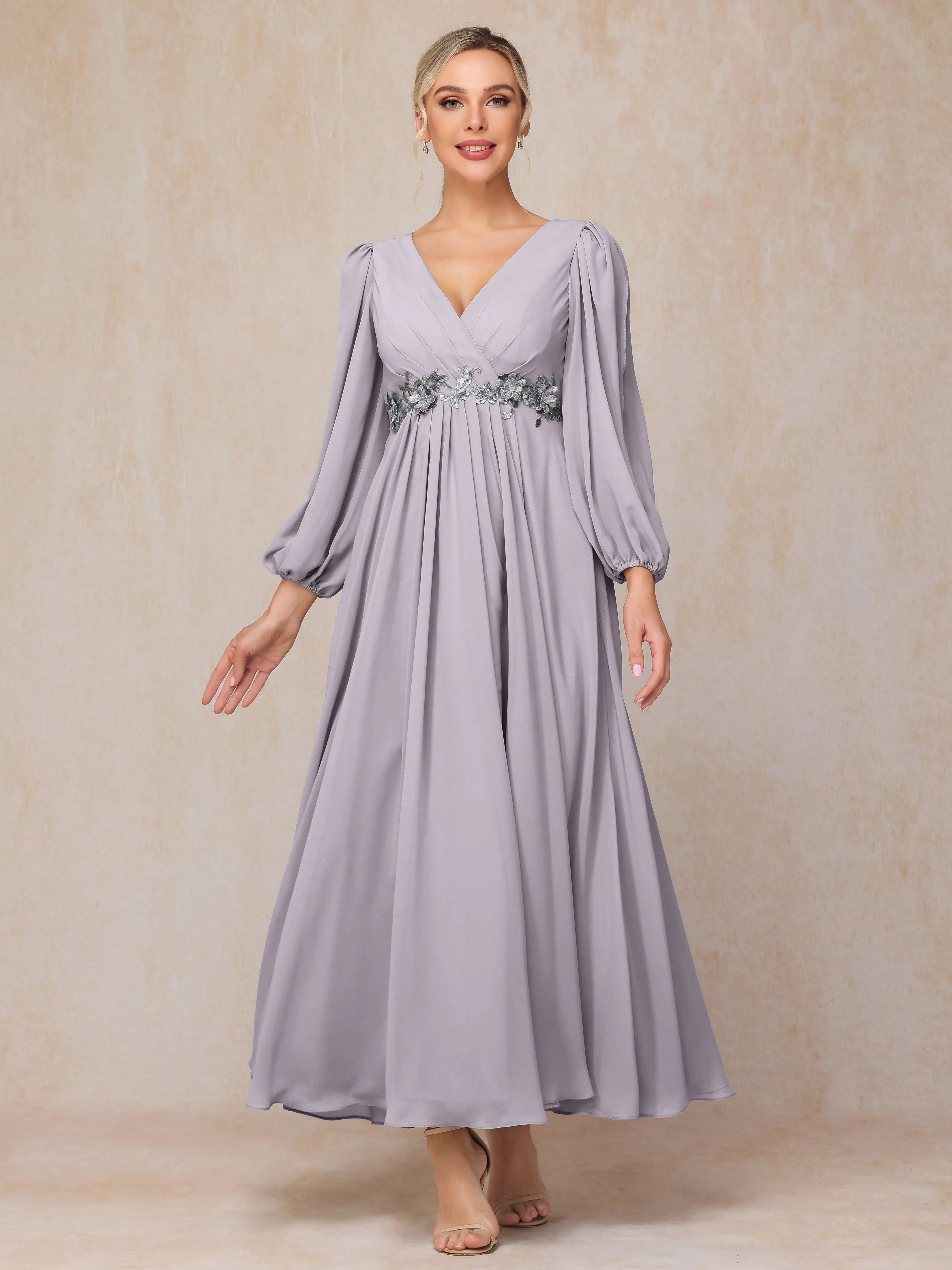 A-Line V-Neck Long Chiffon Mother of the Bride Dresses