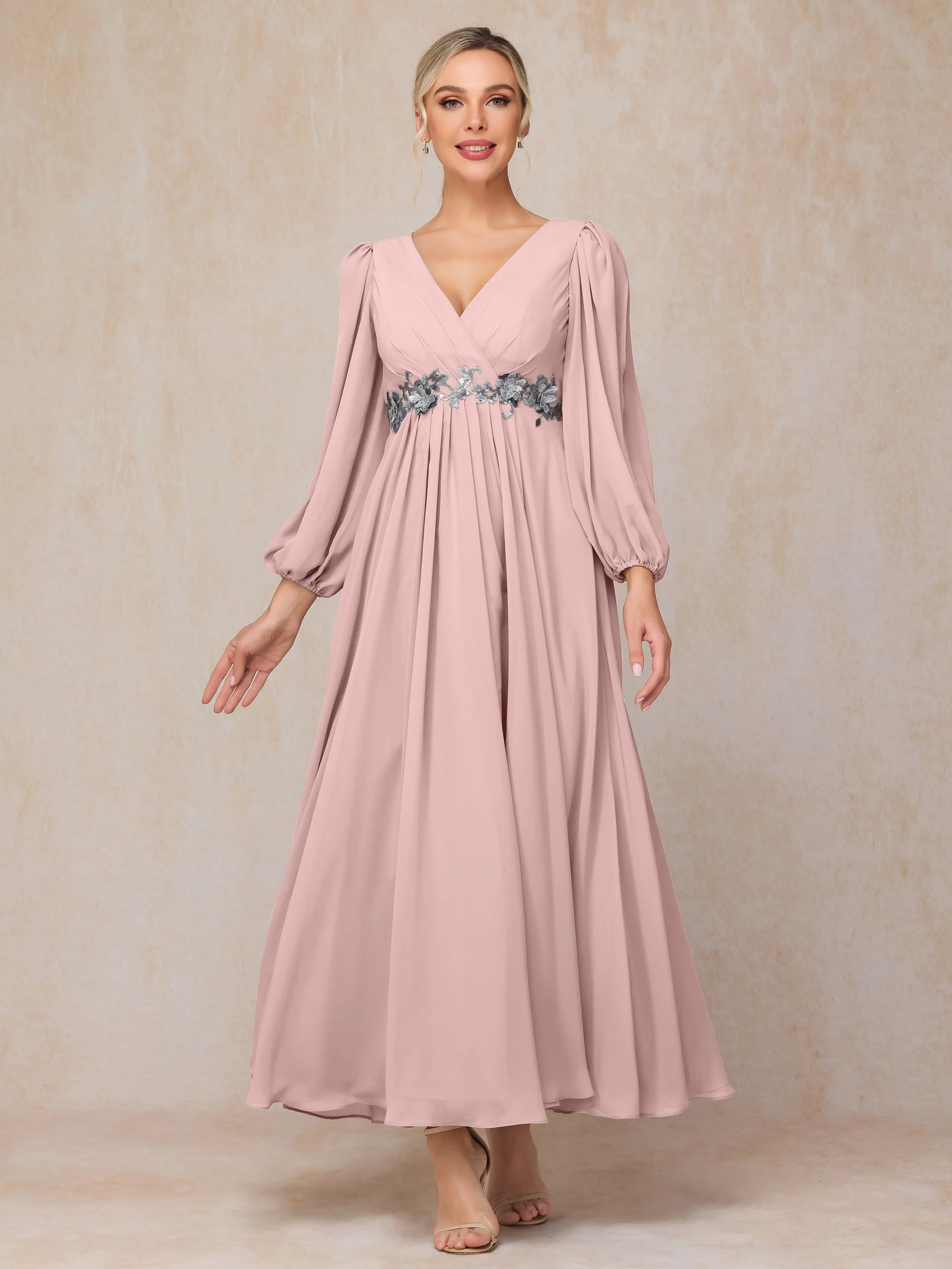 A-Line V-Neck Long Chiffon Mother of the Bride Dresses