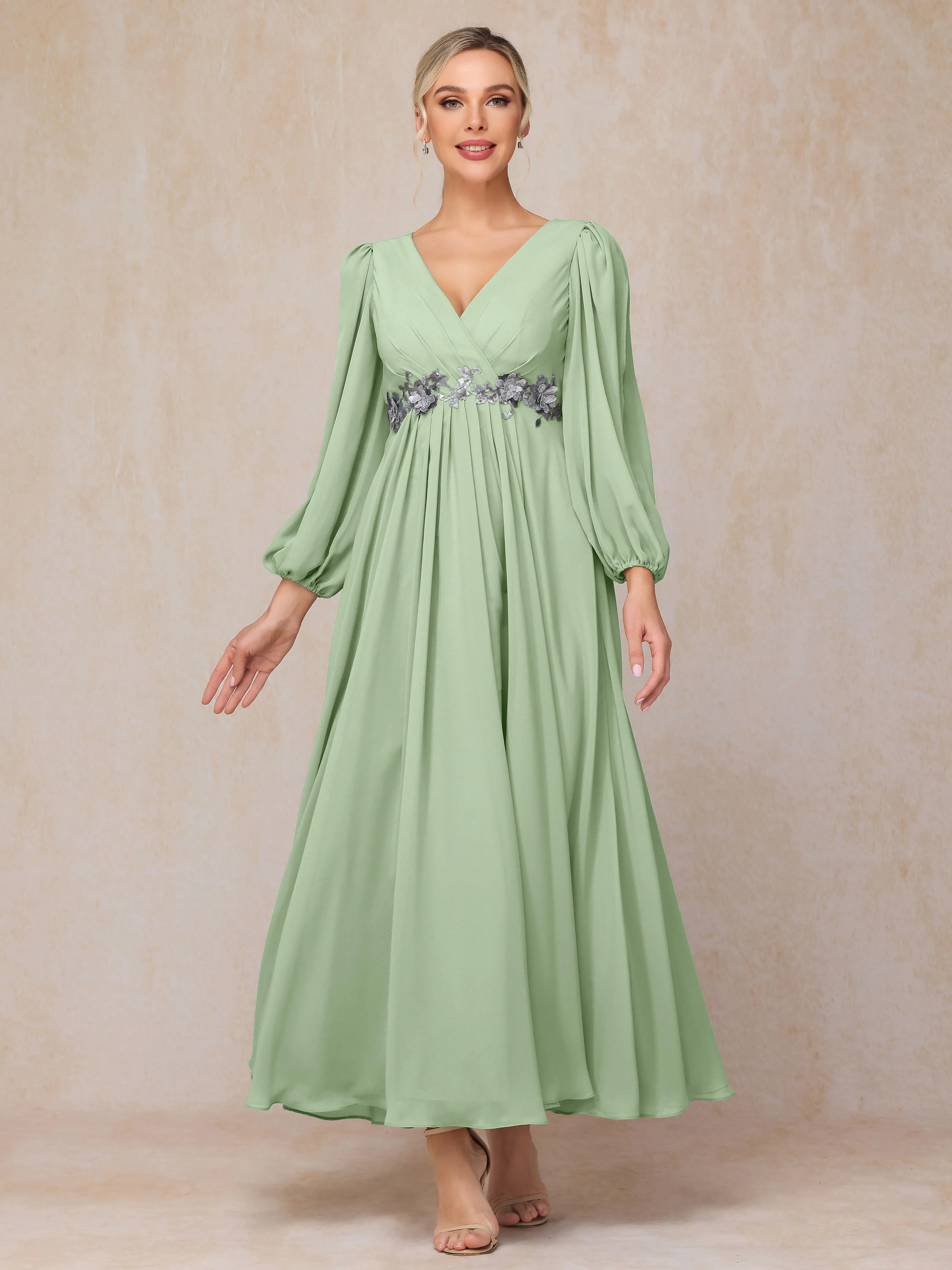 A-Line V-Neck Long Chiffon Mother of the Bride Dresses