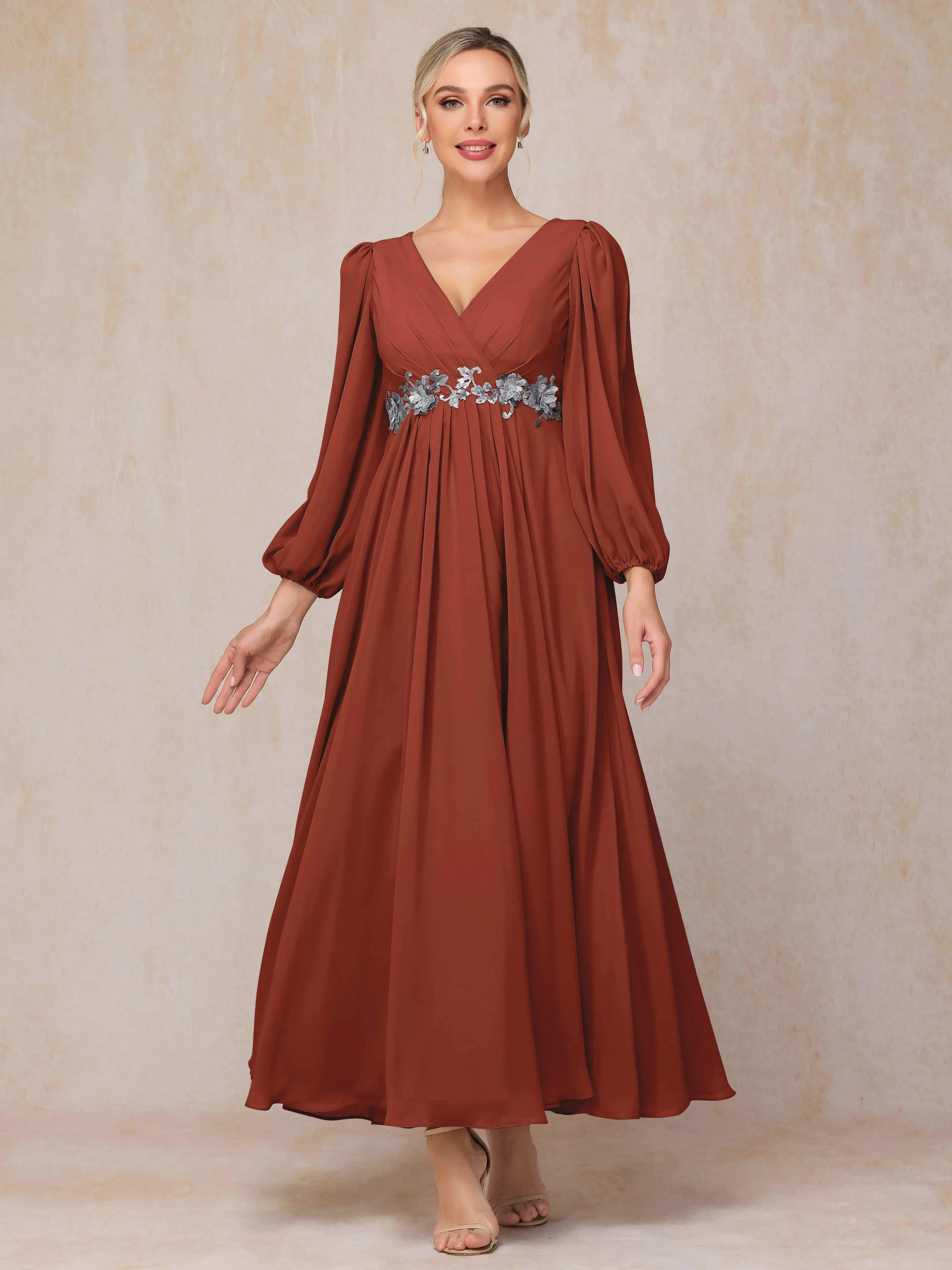 A-Line V-Neck Long Chiffon Mother of the Bride Dresses