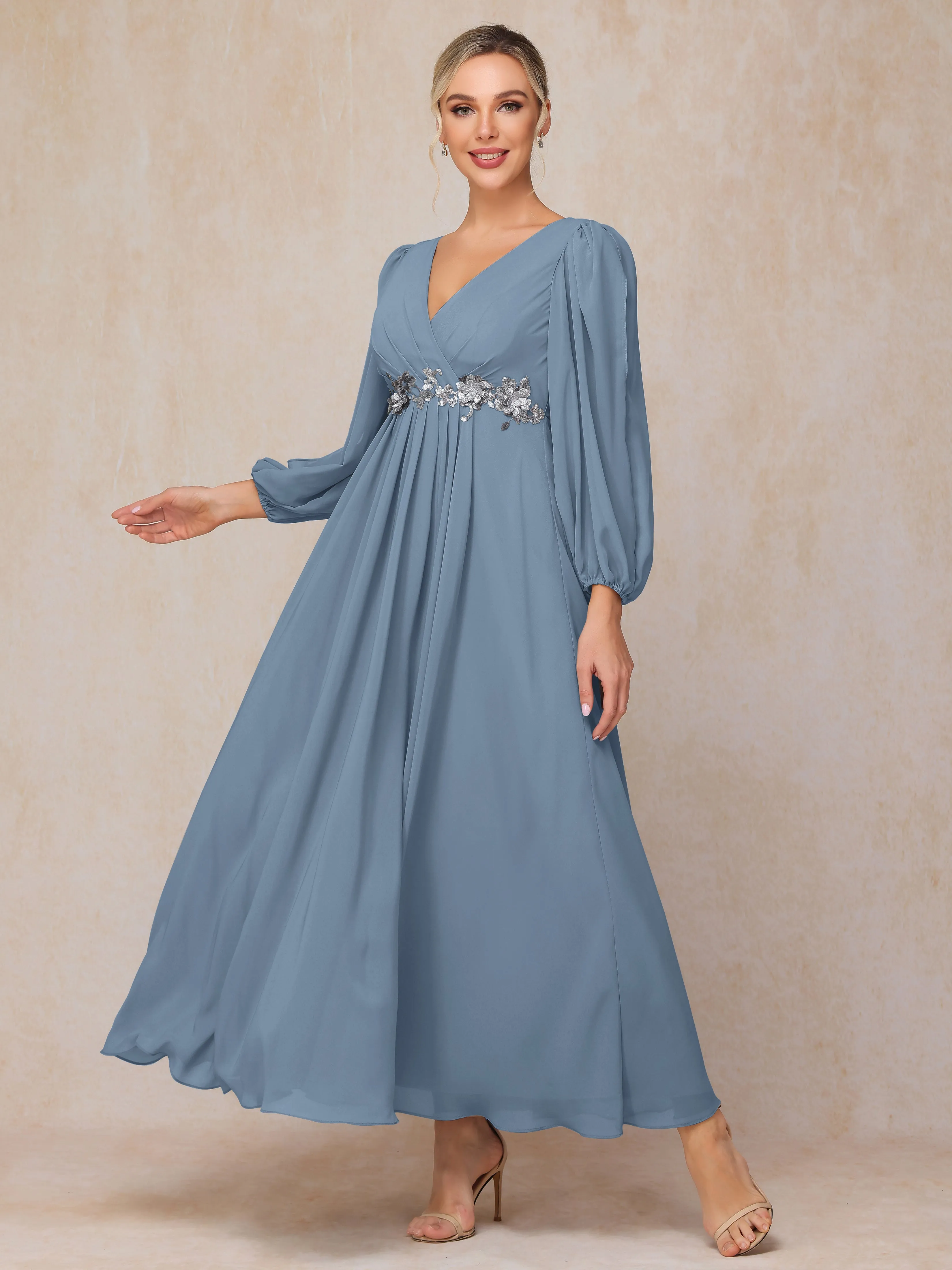 A-Line V-Neck Long Chiffon Mother of the Bride Dresses